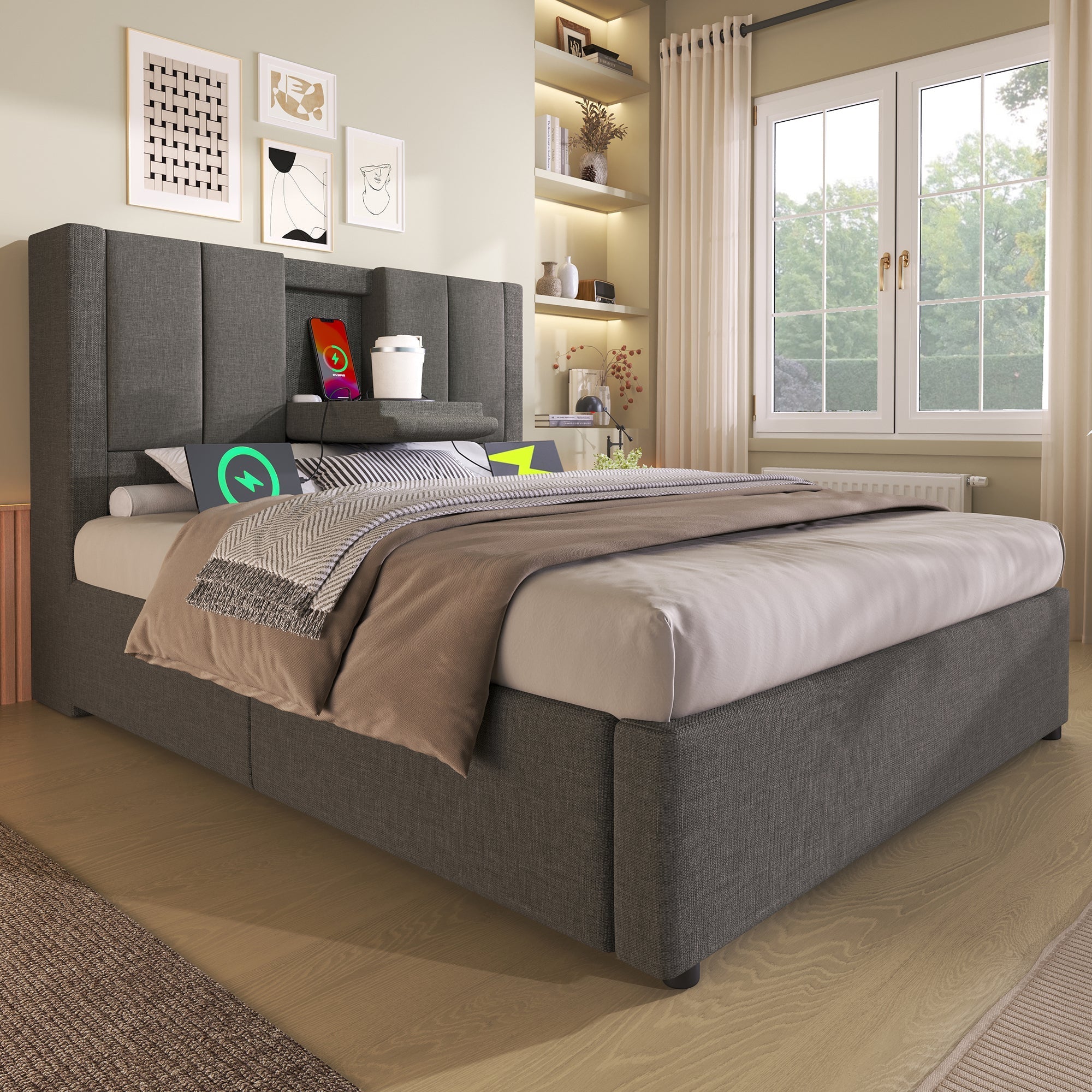 Upholstered Single Bed 90x200cm Hydraulic Storage Cup Holder Charging Station - Linen Grey (With Mattress)