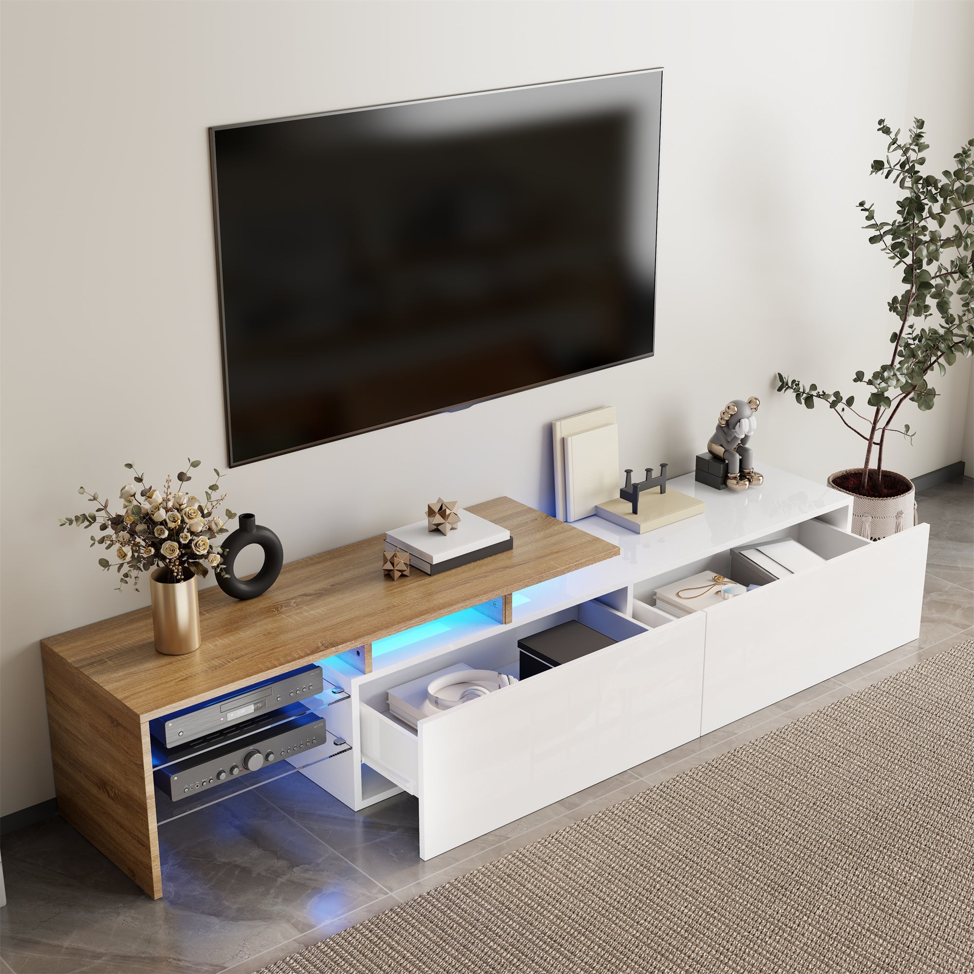 Modern TV Cabinet: Stylish, Elegant, Practical Storage, Glass Shelves, LED Lighting, High-Gloss White and Wood Look