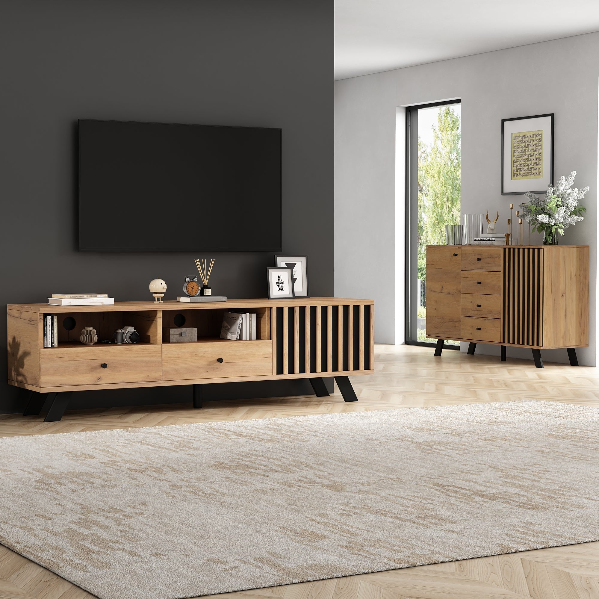 Living Room Combination, 120cm Sideboard + 150cm TV Cabinet, 5-Tier Storage, Solid Black Wood