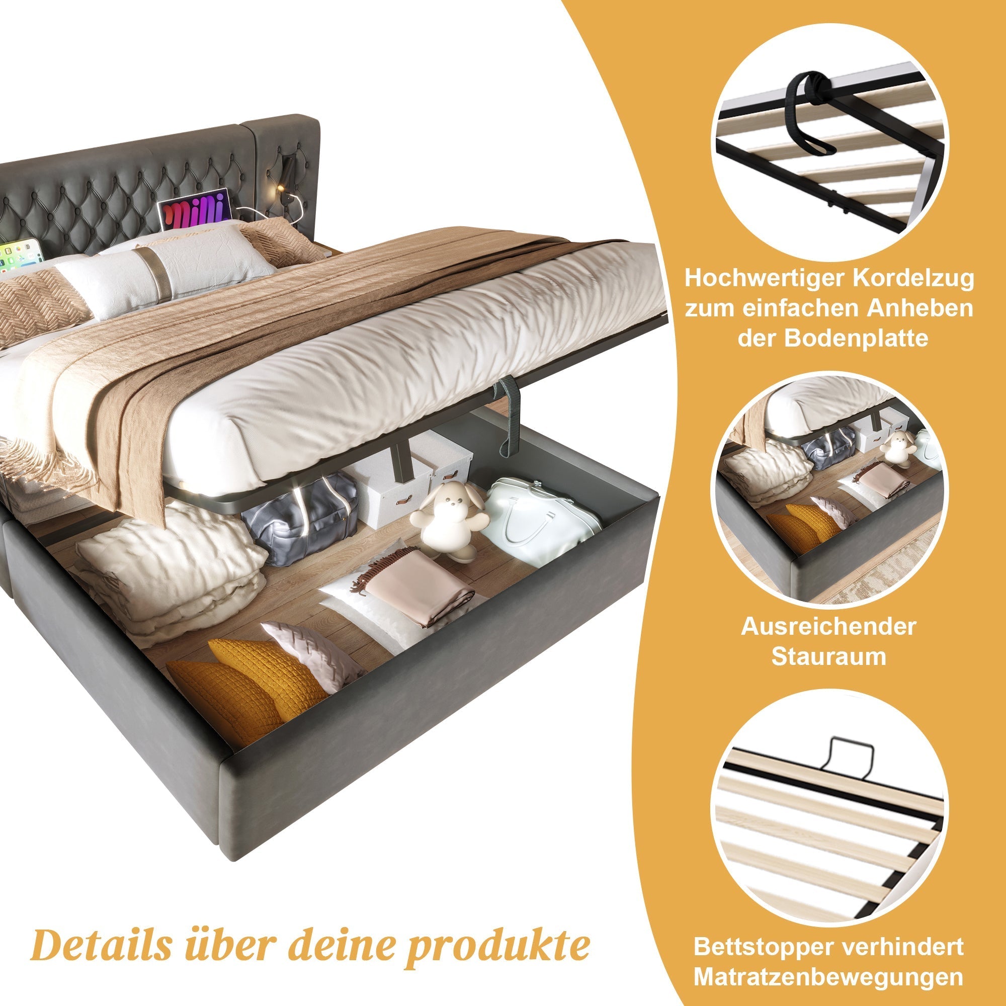 Bedroom Set, Upholstered Hydraulic Storage Double Bed 160x200cm with 2 Bedside Tables, Headboard Reading Light & USB, Gray Velvet