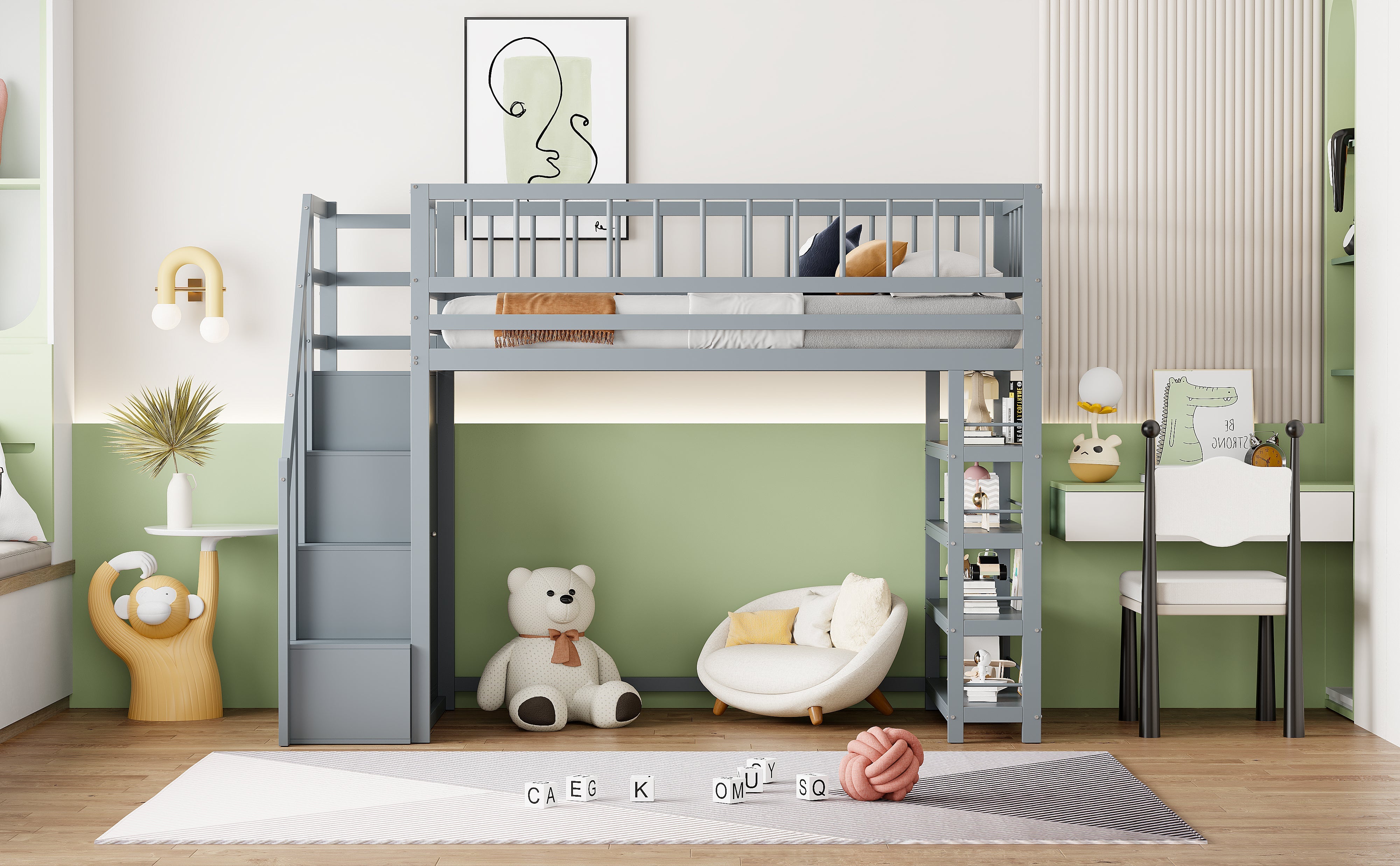 Loft Bed, 90 x 200, Wardrobe, Shelves, Storage, Safety Ladder, Solid Wood, Grey