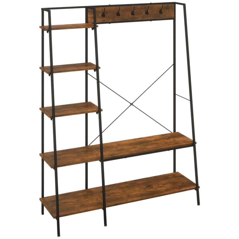 Clothes Rail Metal Rack with Shoe Rack, 5 Tier Shelves, 5 Hooks, Rustic Brown and Black Metal