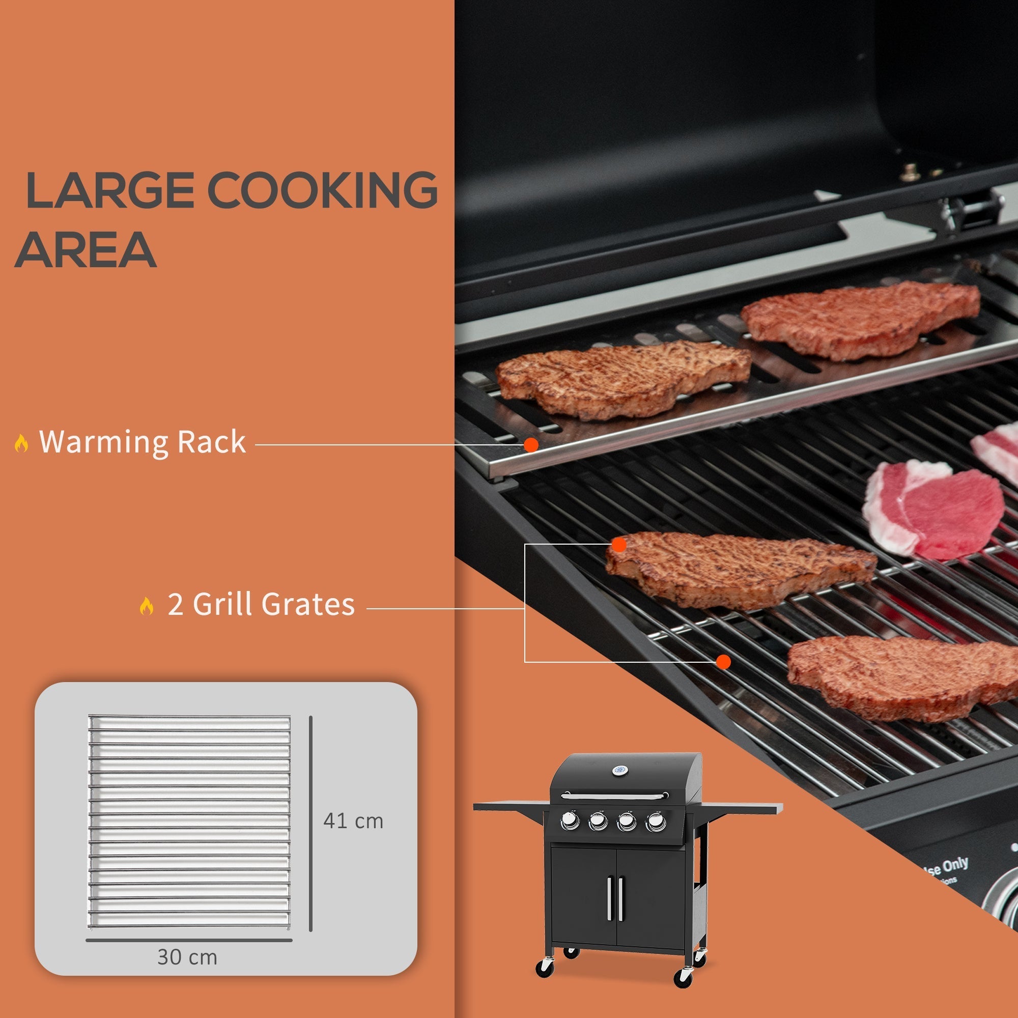 4 Burner Gas BBQ Grill, Portable Trolley w/ Warming Rack, Side Shelves & Storage, Carbon-Steel