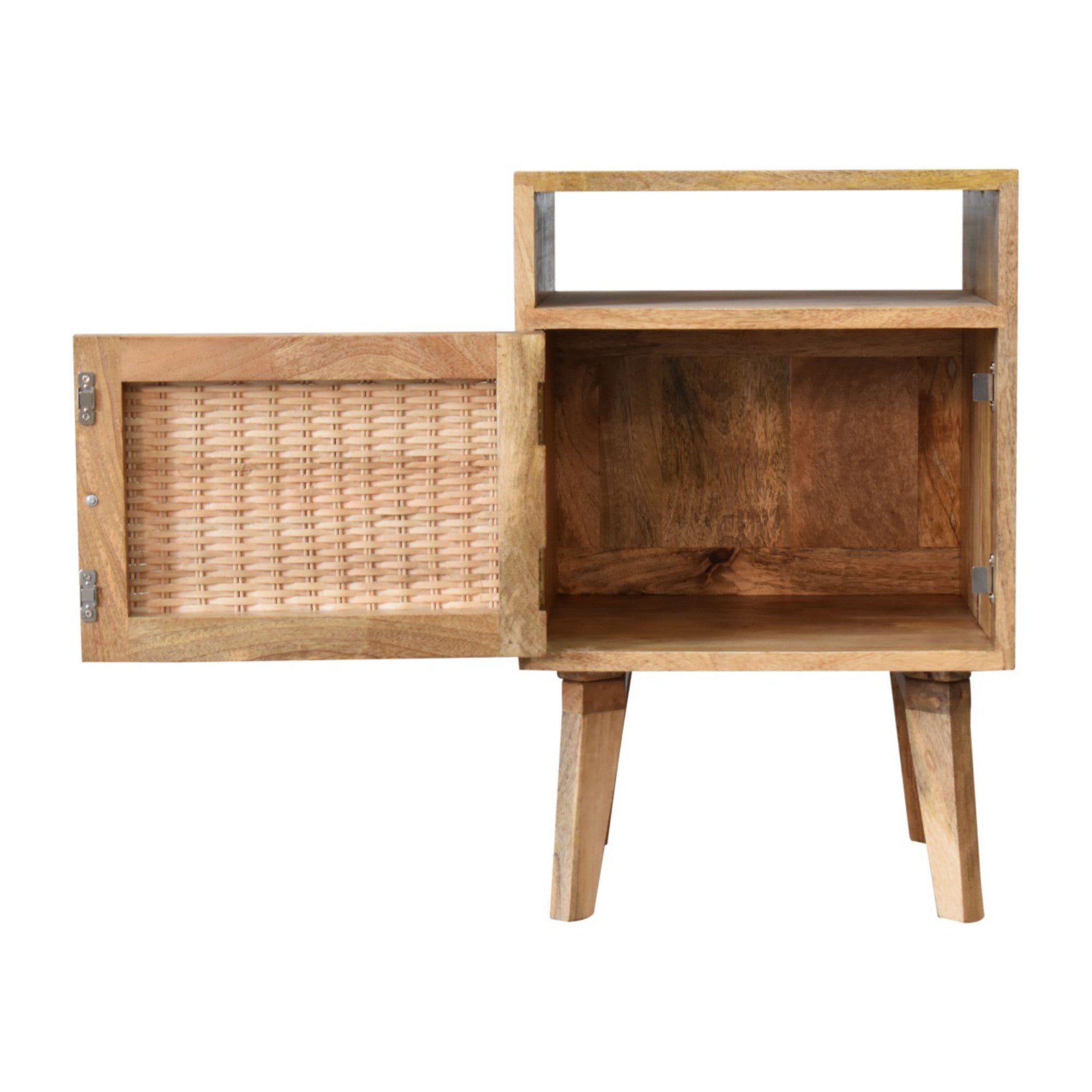 Solid Wood Bedside Table with Knit Door and Open Slot, Beige