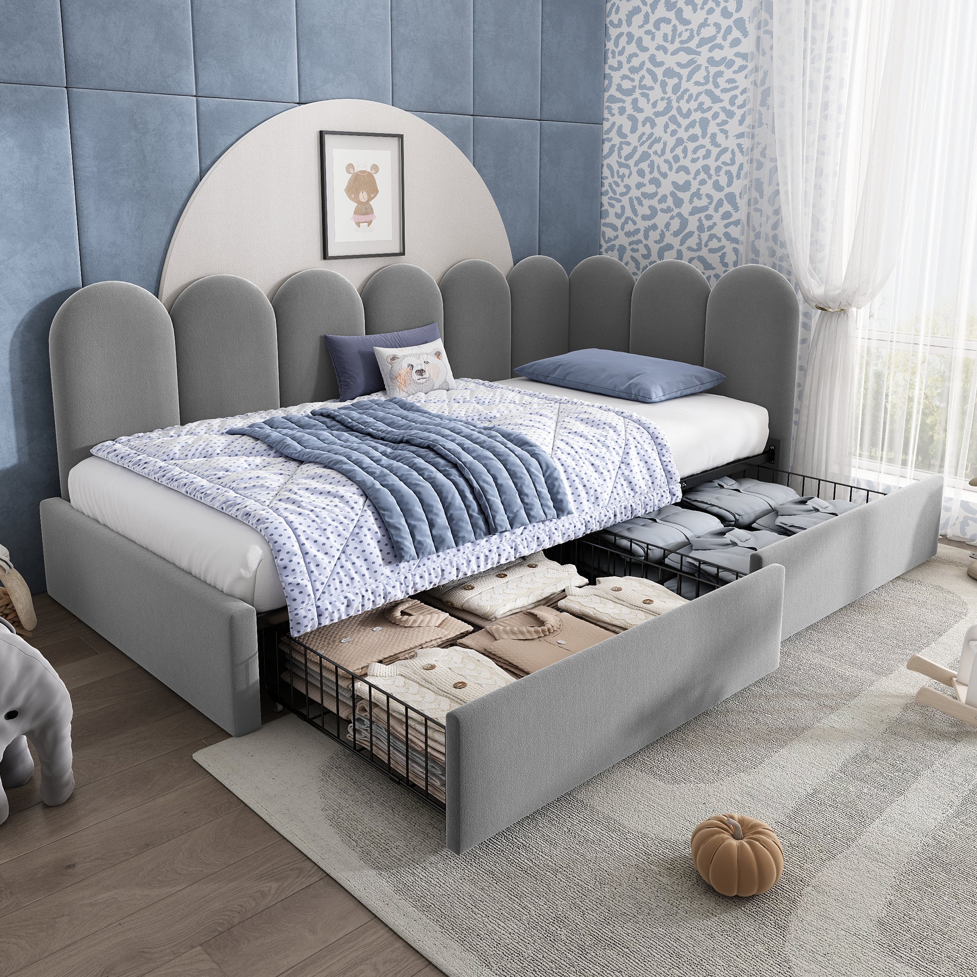 Upholstered Daybed with Drawers and Slatted Frame, 90x200cm, Gray Velvet