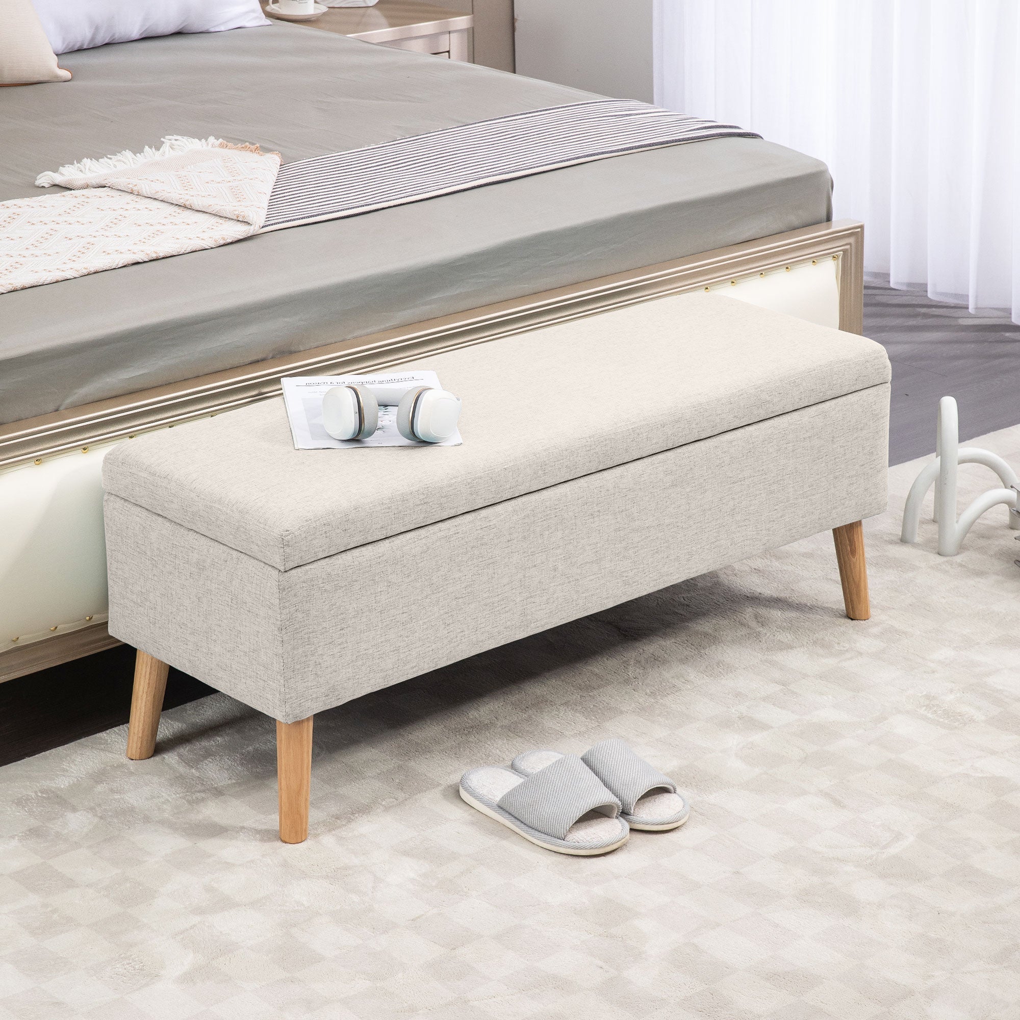 Upholstered Bench with Storage, 110 x 39 x 45 cm, Linen Beige