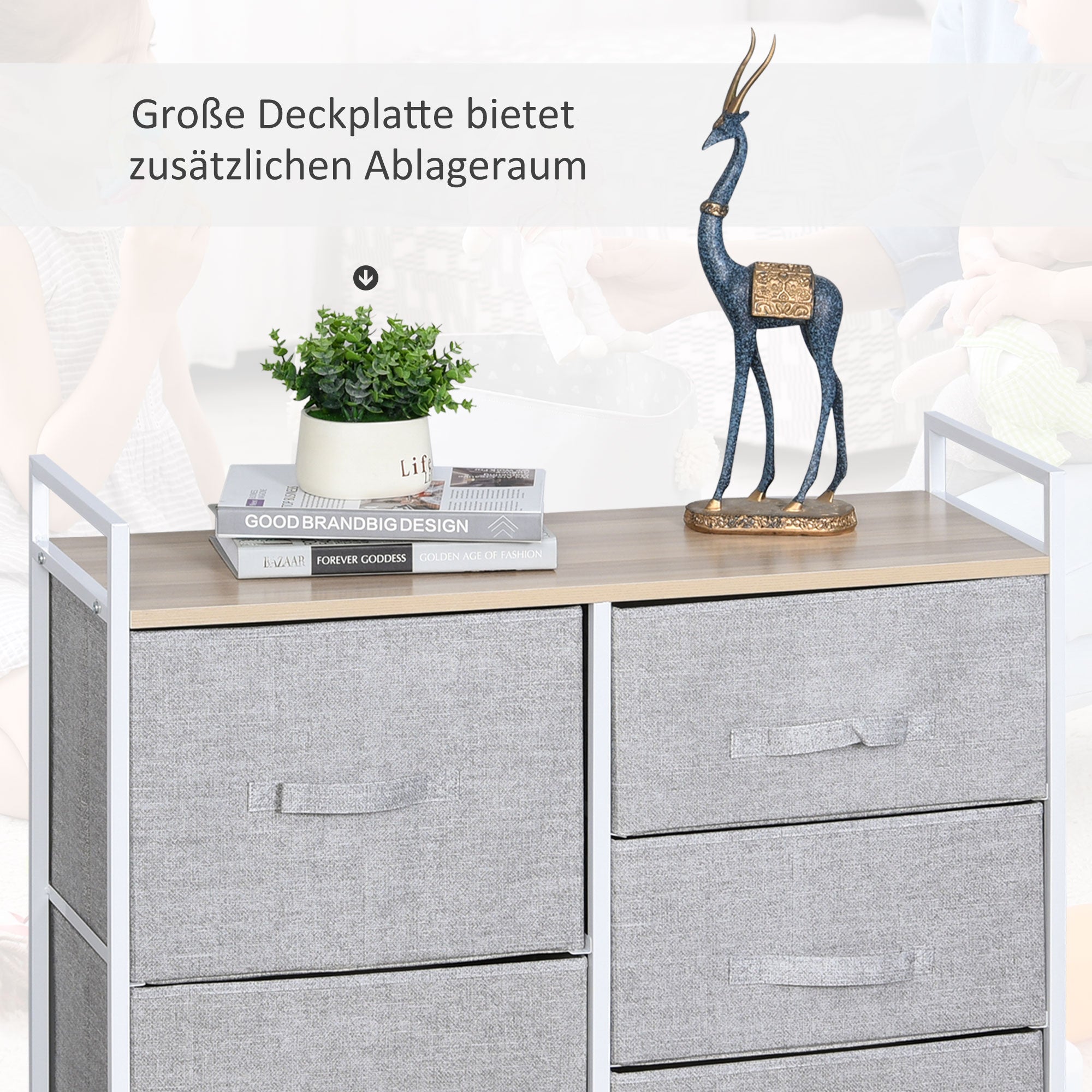 Chest of Drawers, 5 Fabric Drawers, Grey Fabric Wood Metal Frame