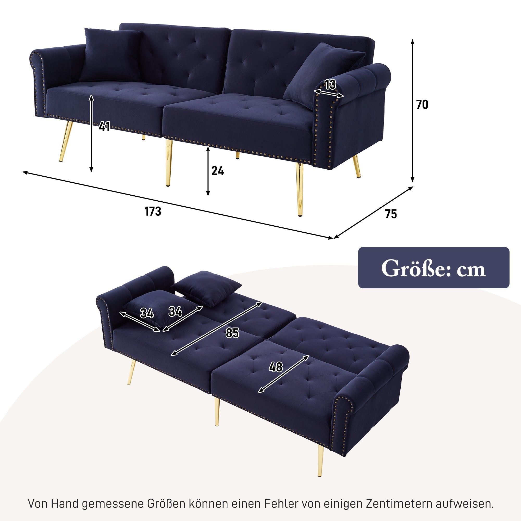 Sofa Bed, Modern 2-Seater, 3-Level Adjustable Backrest, Velvet