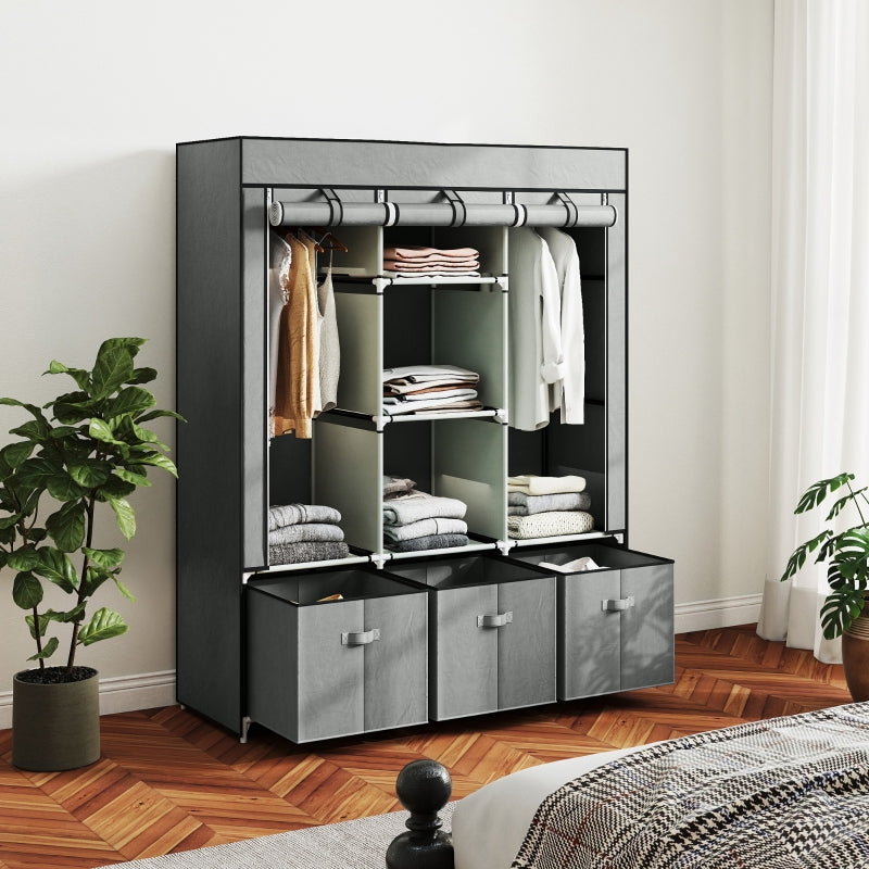 Wardrobe Folding Fabric with Clothes Rail Drawers Zipper, Light Grey