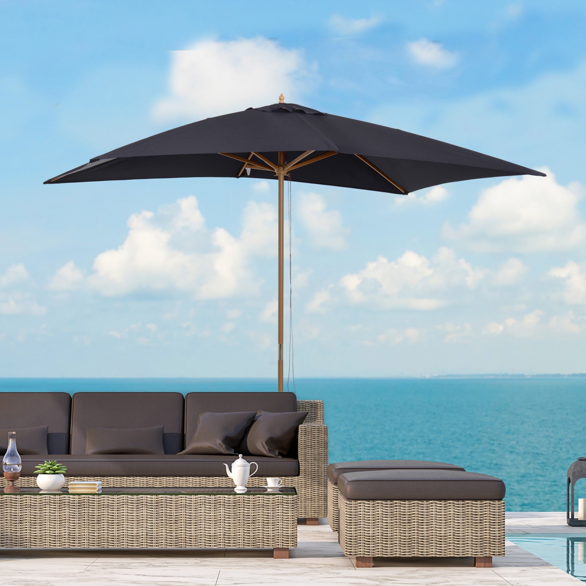 Garden Parasol Umbrella, 2 x 3m Outdoor Shade Canopy, Wooden, Black