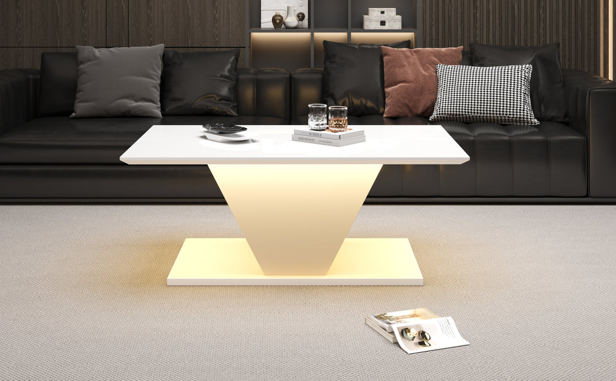 Coffee Table 100x50x46cm Special Shape LED High-Gloss White V-Shape