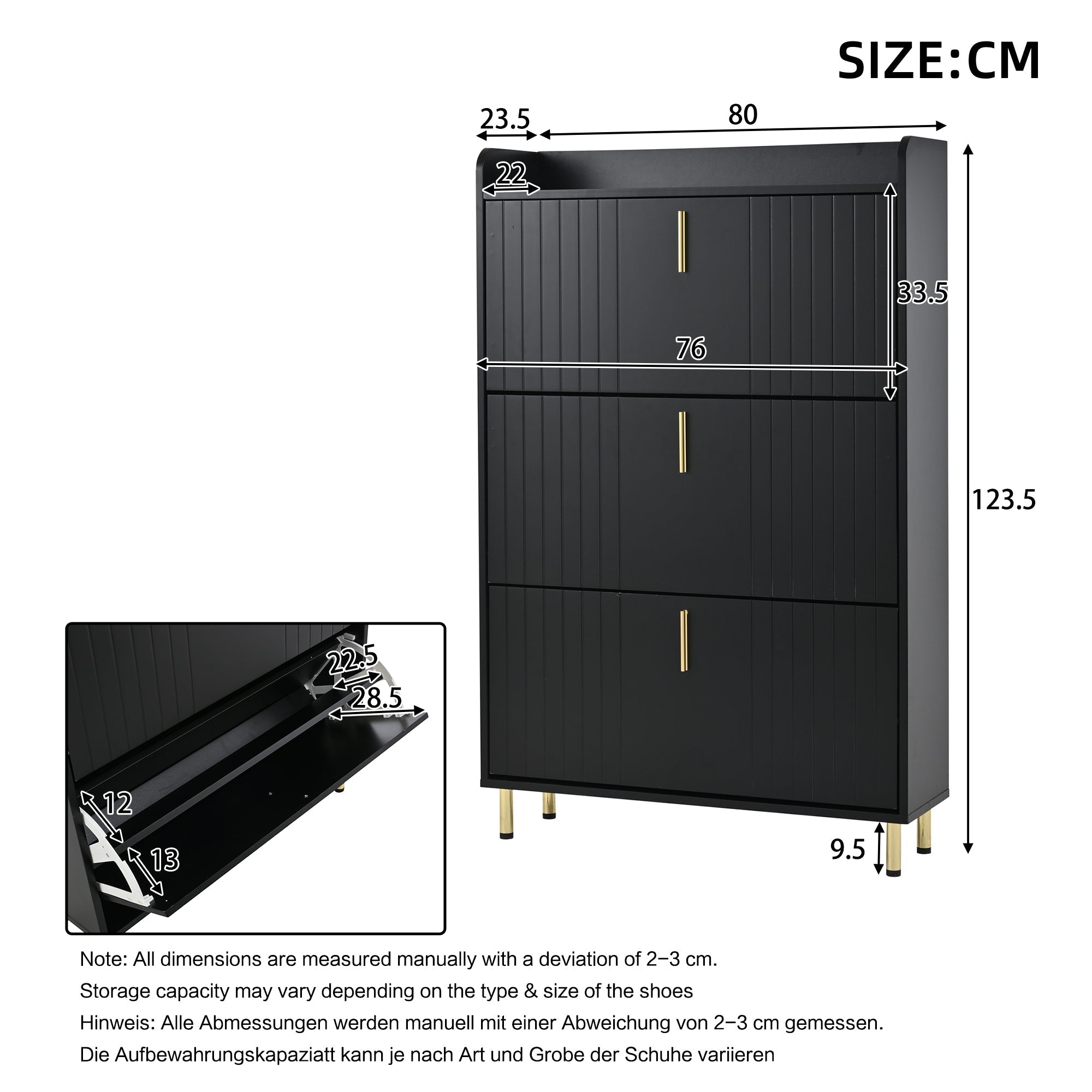 Shoe Cabinet 3 Doors 6 Adjustable Compartments Narrow Anti-tip Black