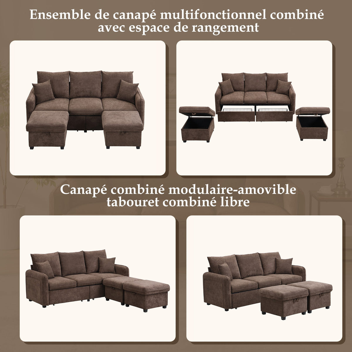Multifunctional Corner Sofa, U-Shaped Three-Seater, Storage, Drawers & Ottoman, Sleeping Function, Chenille
