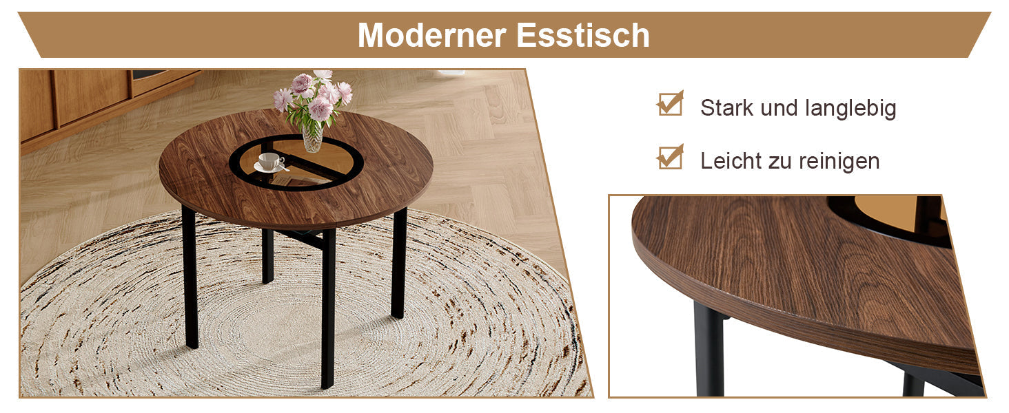 Round Table 100cm Modern Minimalist 2-4 Seater Glass Top Brown Wood Pattern