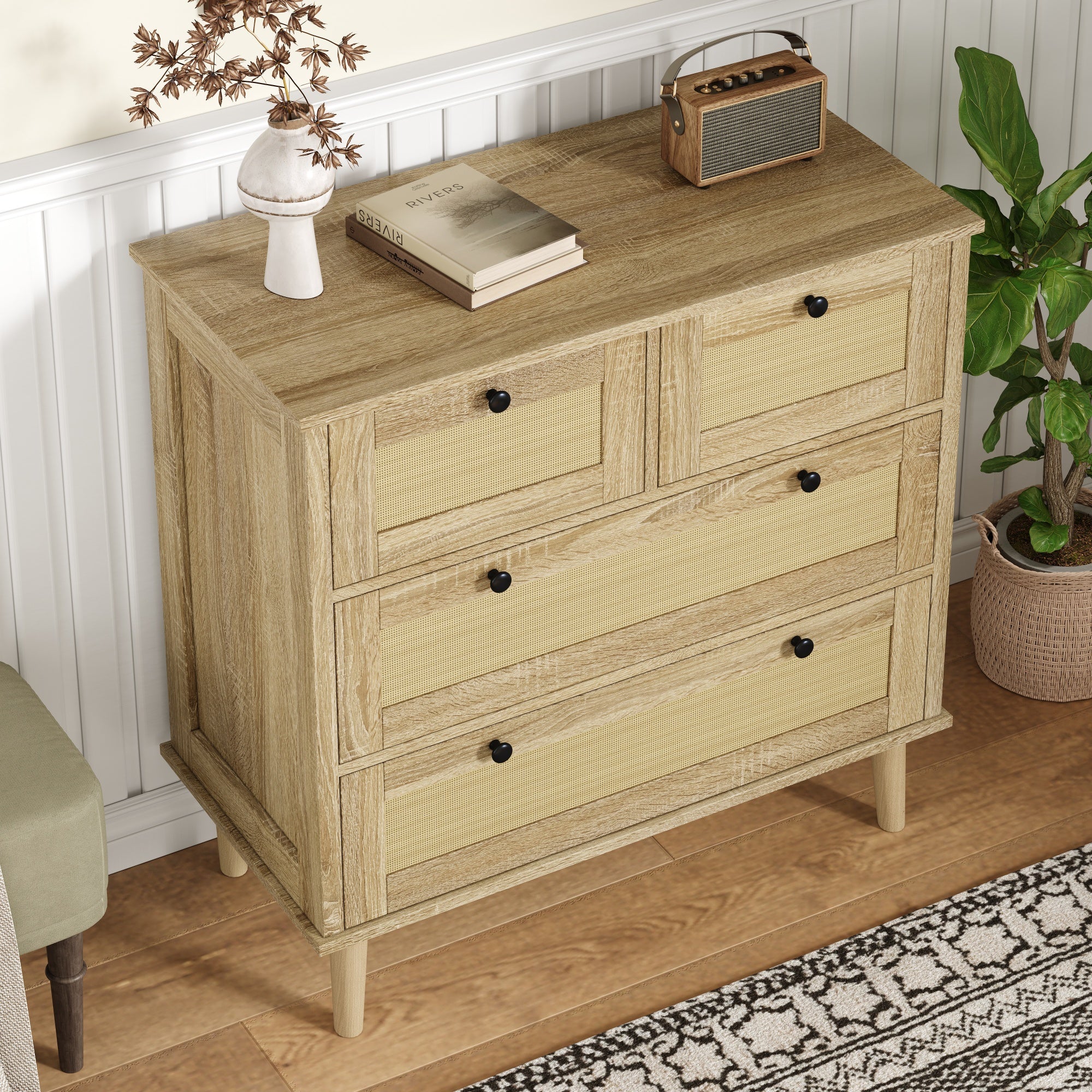 Chest of drawers with four drawers, rattan, solid wood