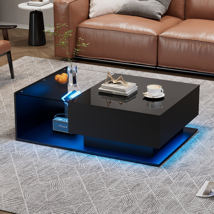 High-gloss Black Coffee Table with Glass Top & Drawers