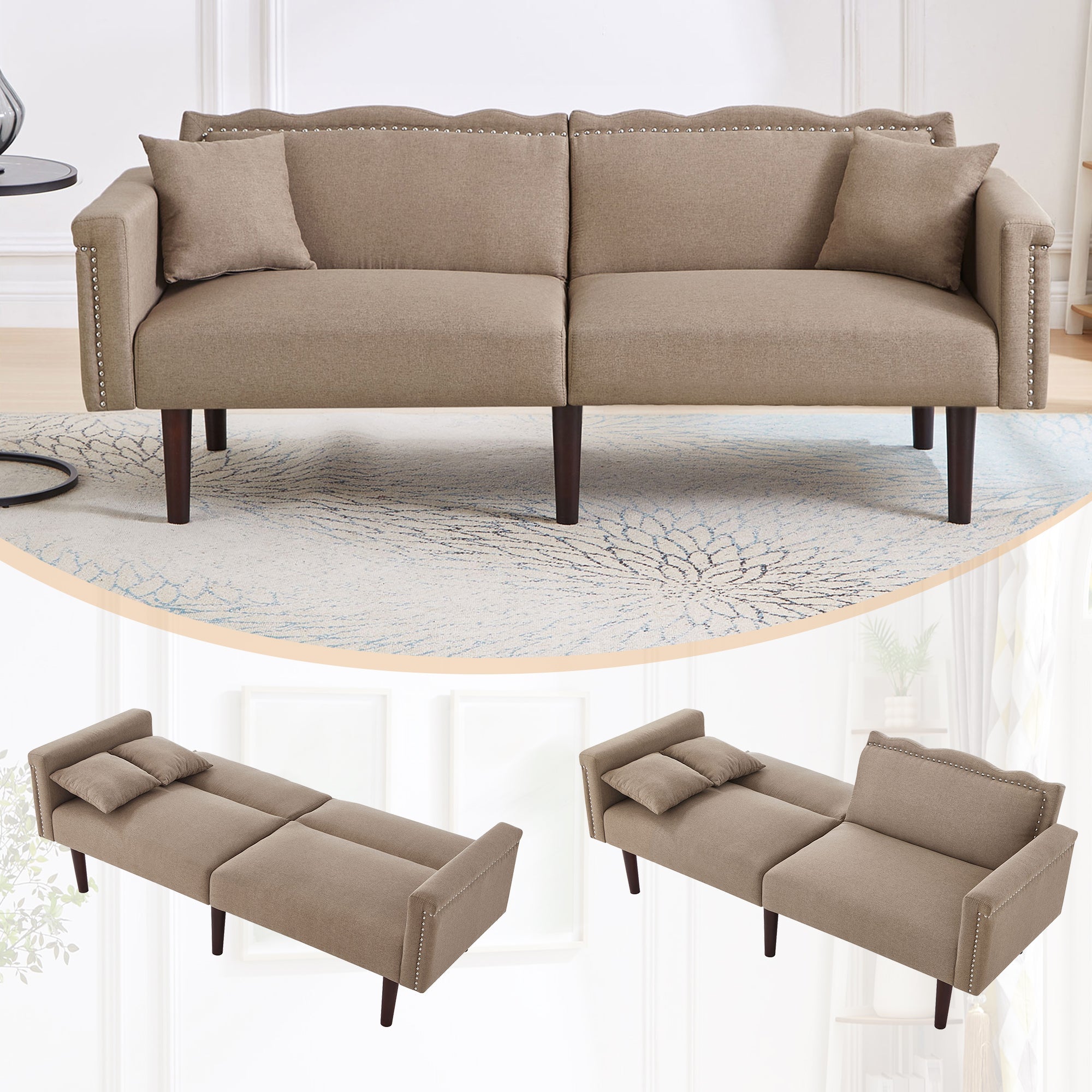 2-in-1 Multifunctional Sofa Bed, Two-Seater Reclining with Adjustable Backrests, High-Density Foam, Cotton Linen
