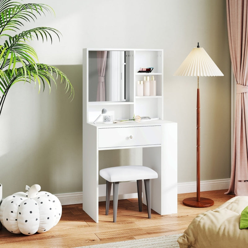 Dressing table with mirror, drawer, 3-tier side shelf, white chipboard