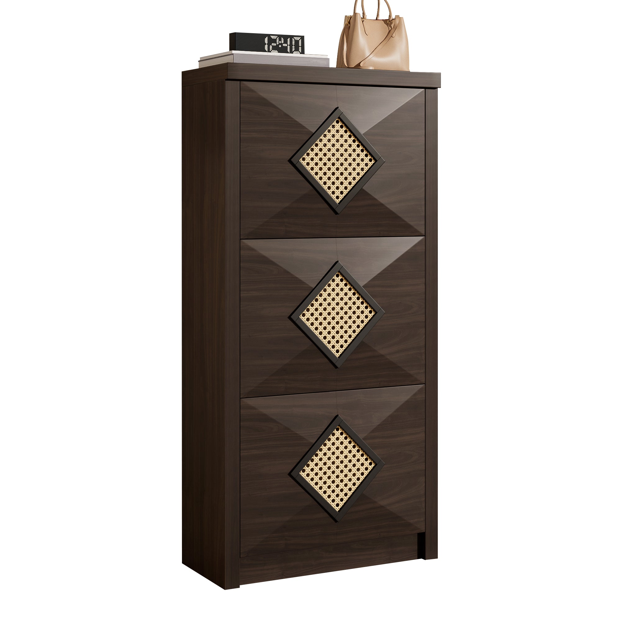 Vintage Shoe Cabinet Rattan Decor 3 Drop-Down Compartments 54x25x115cm - Dark Brown Wood