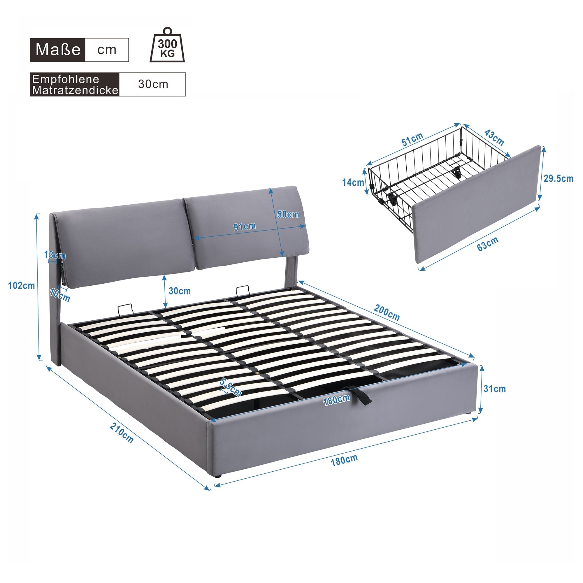 Upholstered Bed with Hydraulic Storage and 3 Drawers, 180x200cm, Grey Velvet