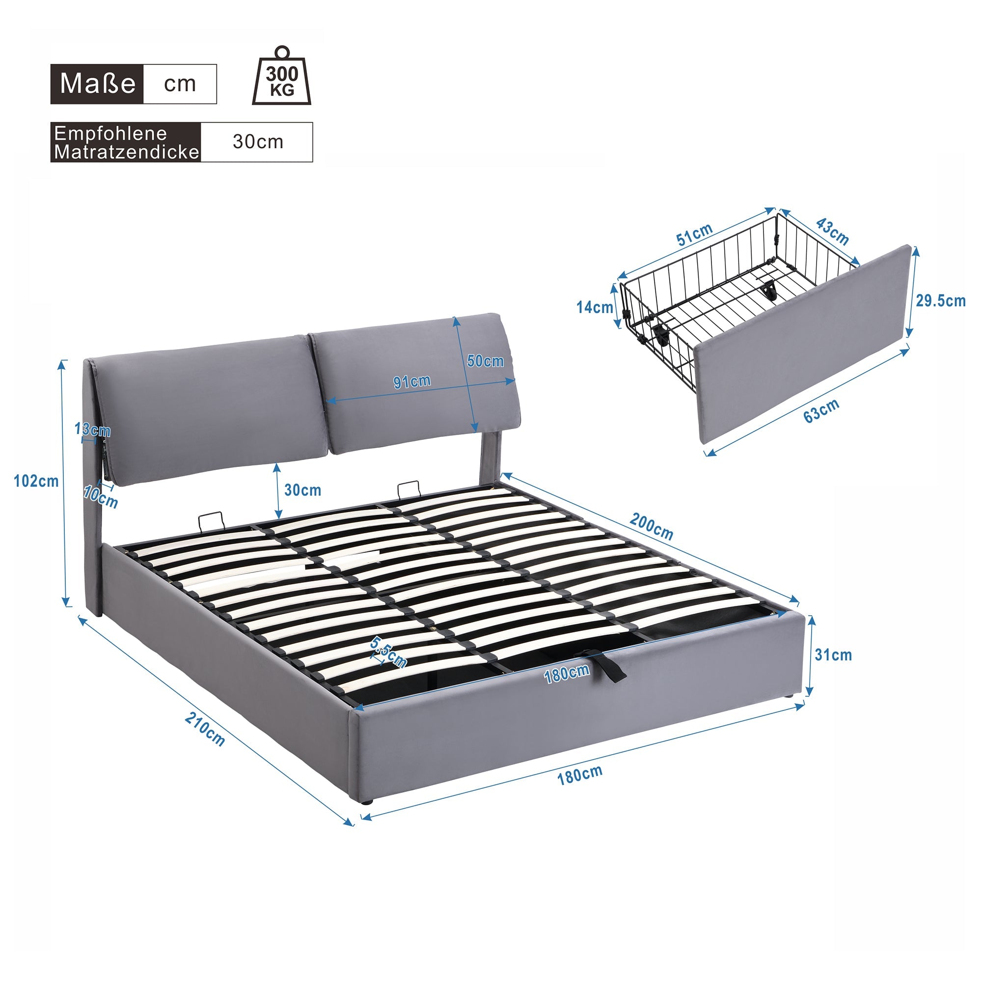 Upholstered Bed with Hydraulic Lift, 3 Drawers and Storage, 180x200cm, Grey Velvet