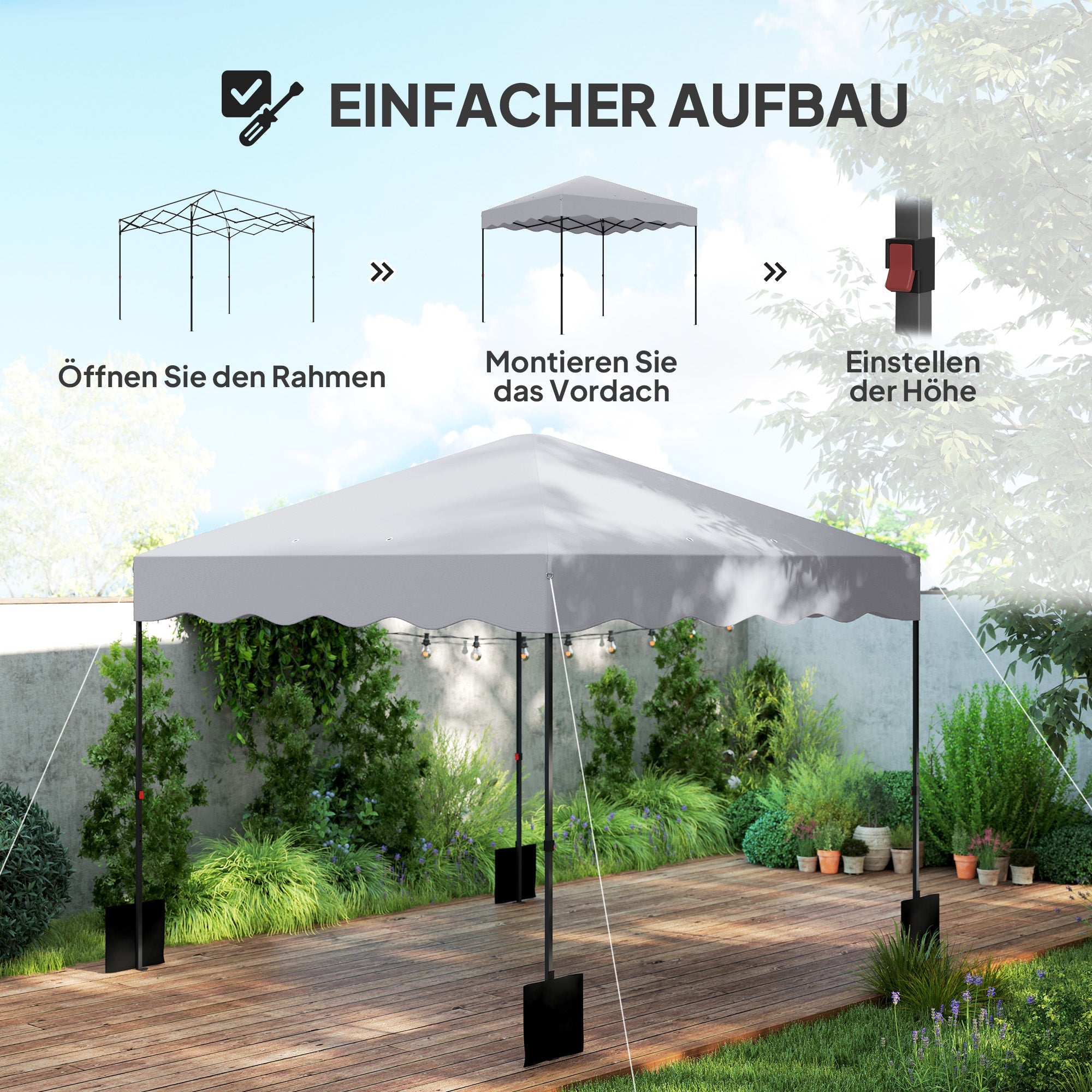 Pavilion Pop-up Folding, 3x3m, Water-Repellent, Winterproof, UV 50+, Light Grey