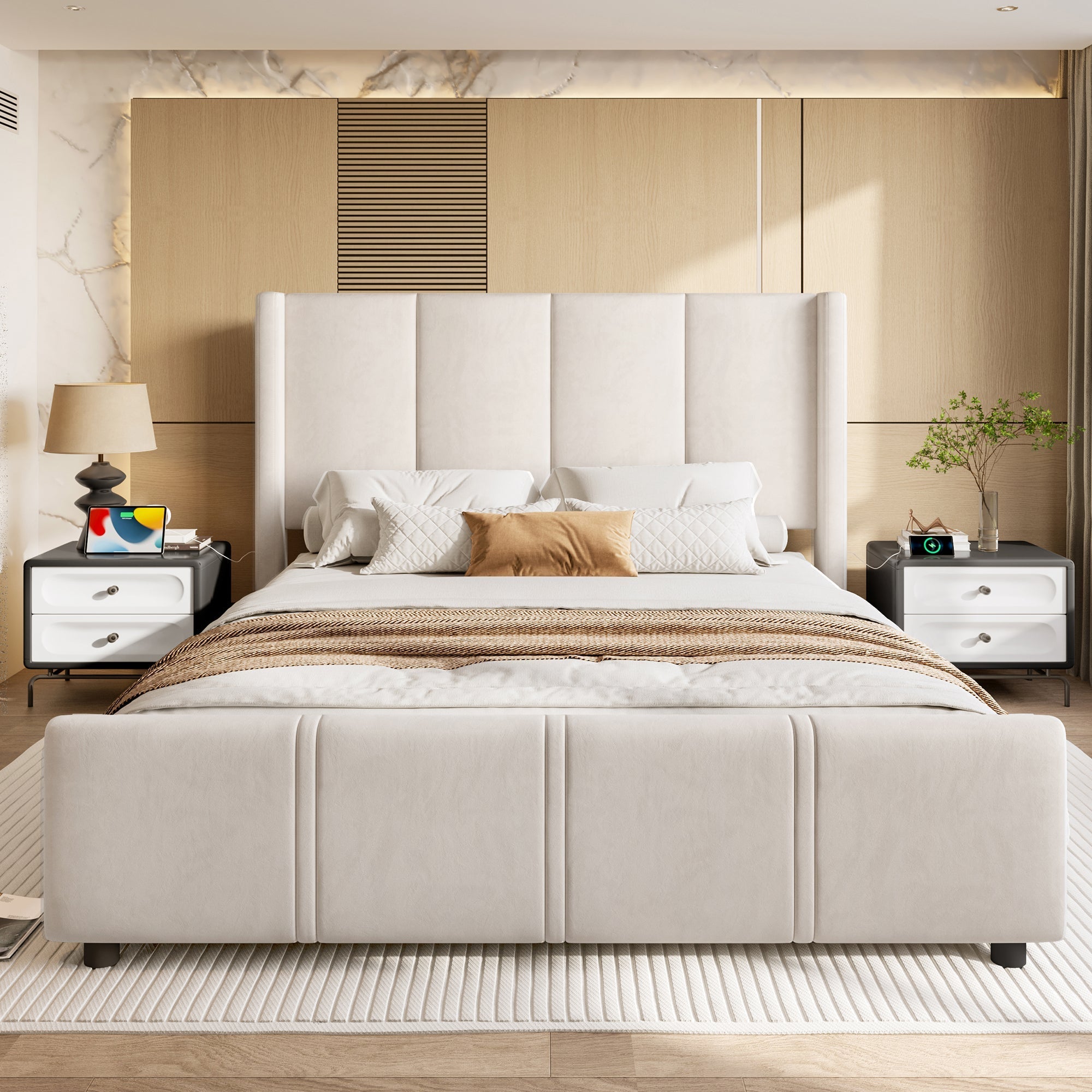 Upholstered Bed Frame, Modern High Headboard & Footboard, USB Port, Iron & Wood, Beige