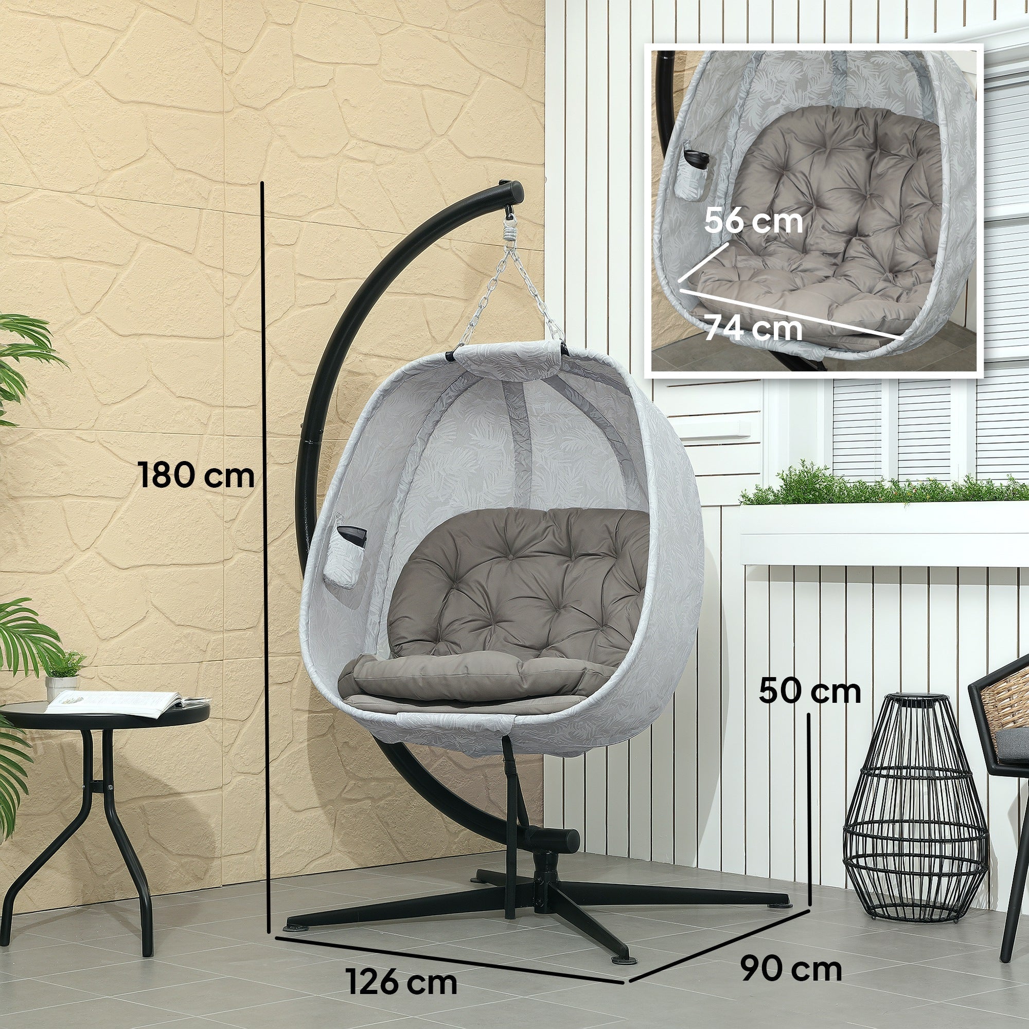Hanging Egg Chair with Folding Basket, Stand, Thick Cushion, and Cup Holder, Sand Brown
