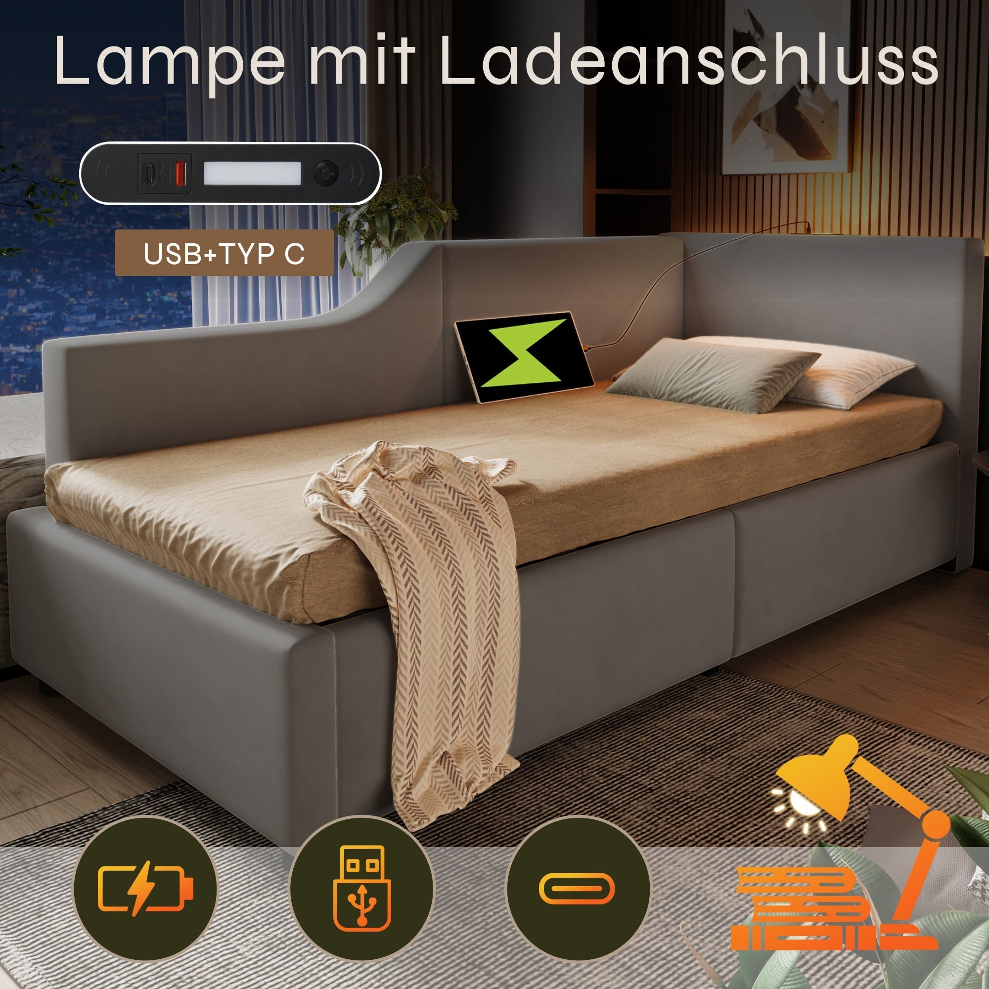 Upholstered Daybed 90x190cm, Sofa Bed with Hydraulic Storage & USB-C, Velvet Grey