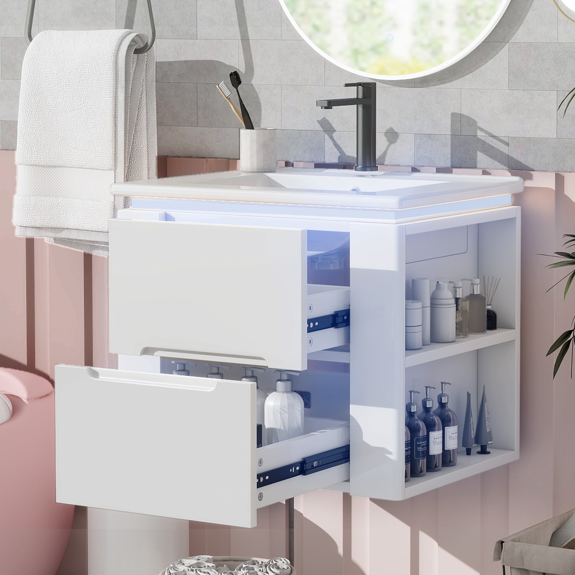 Wall-Mounted Bathroom Cabinet with LED Sensor Lighting and Integrated Sink, White