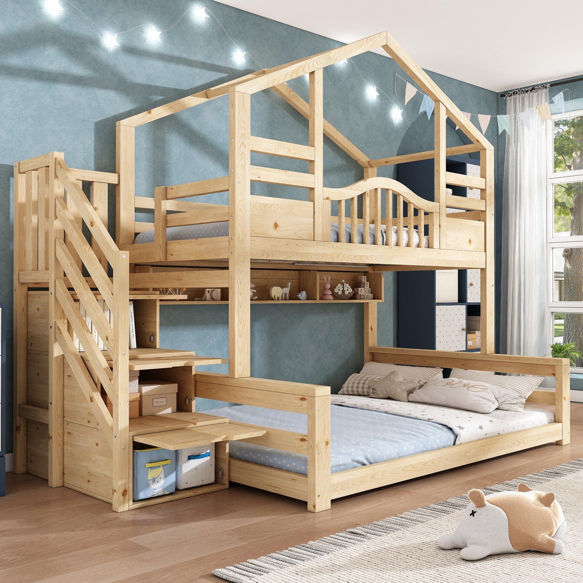 Bunk House Bed with Stair Storage and Shelves, 90x200cm and 140x200cm, Natural Wood Look