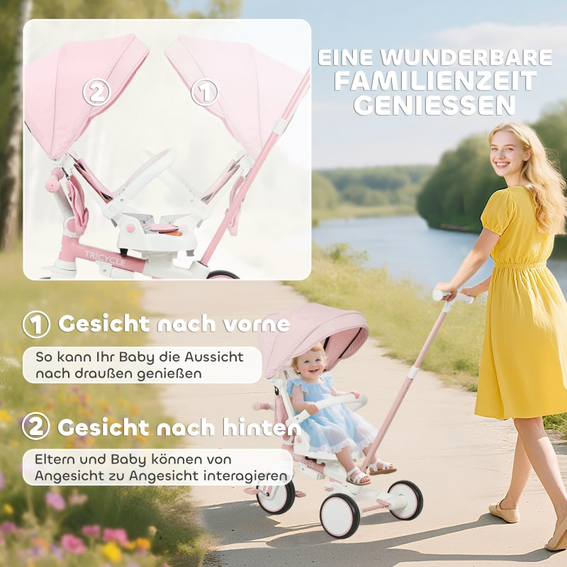 Children's Tricycle, 5-in-1 Convertible Buggy with Removable Handle and Safety Belt, Pink