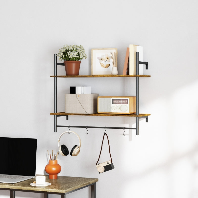 Wall Mounted Floating Shelves with 4 Hooks, Rustic Brown