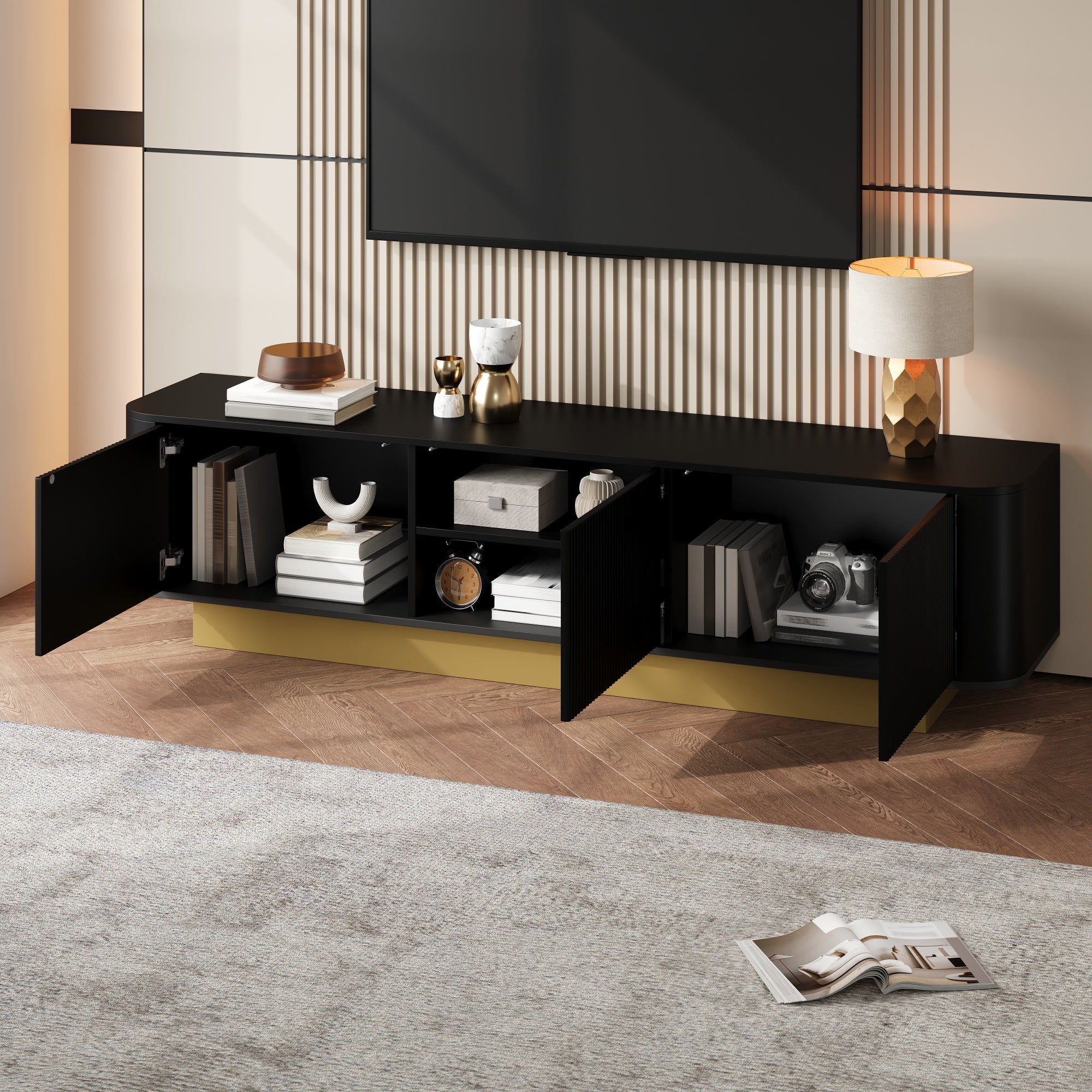 Modern TV Stand with Storage and Textured Front, Black