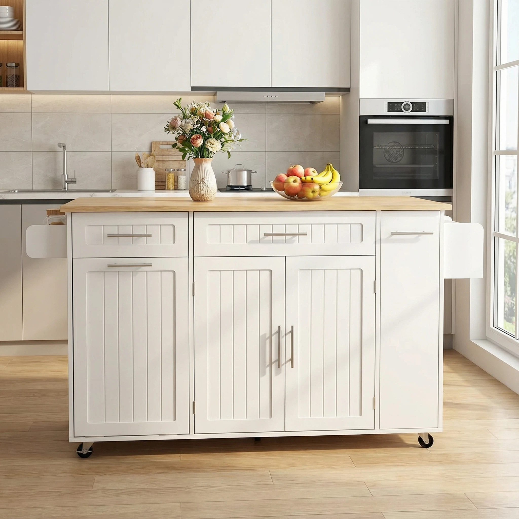 Kitchen Island Trolley with USB Port, Fold-Down Worktop & Storage, White