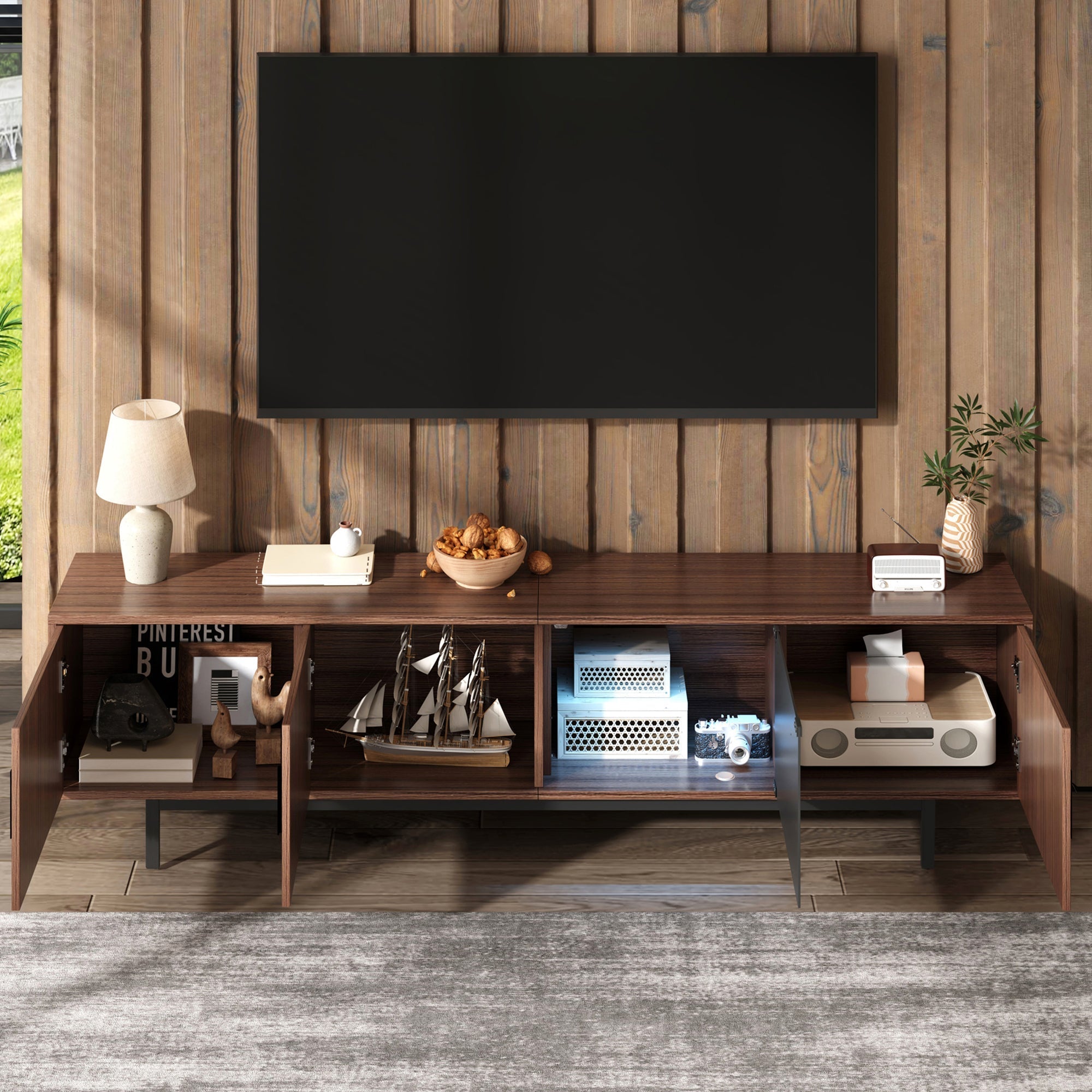 TV Cabinet, Carved Texture LED Lowboard with Tempered Glass, Black and Wood