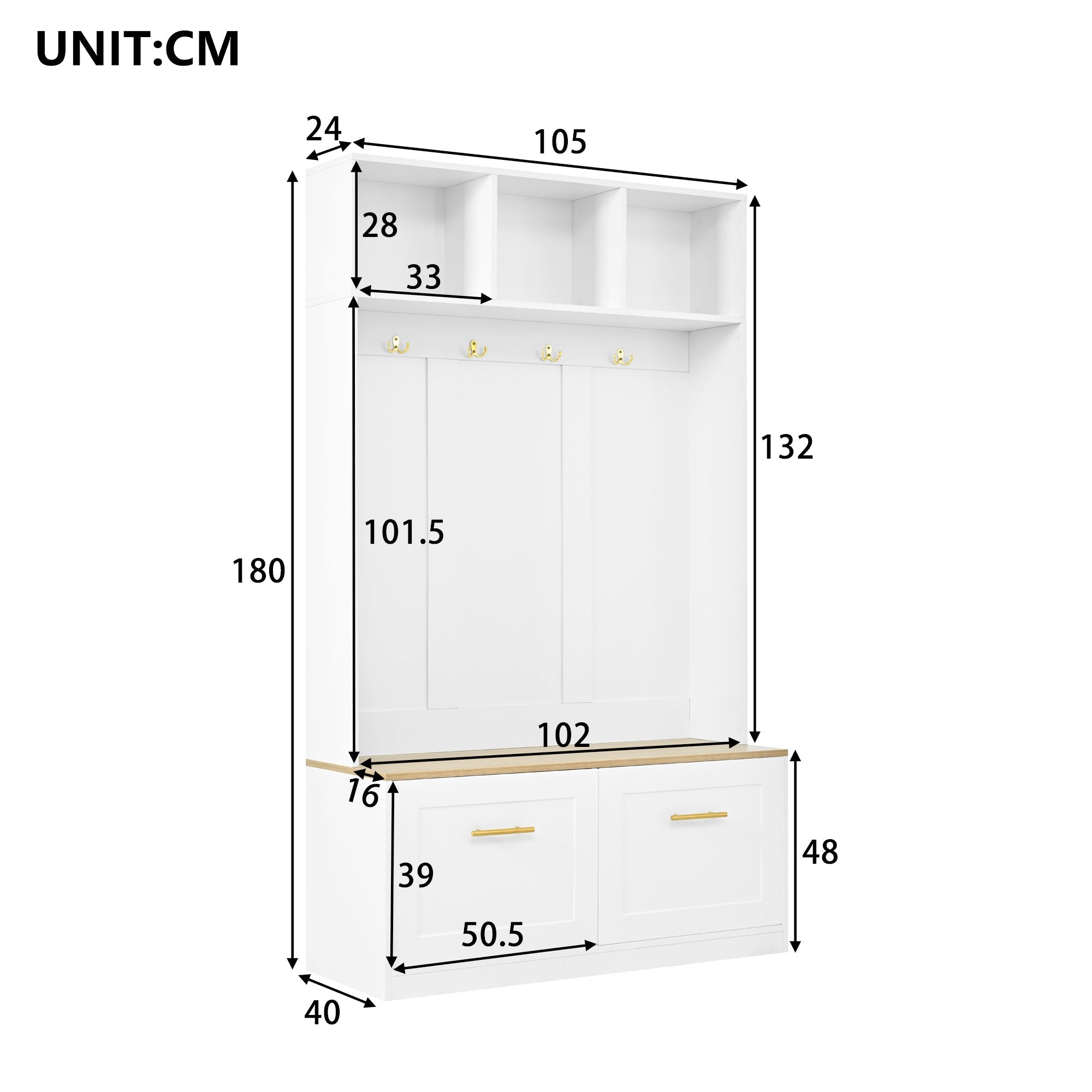 Wardrobe Set Compact Hallway Bench 2 Doors 4 Hooks natural & white