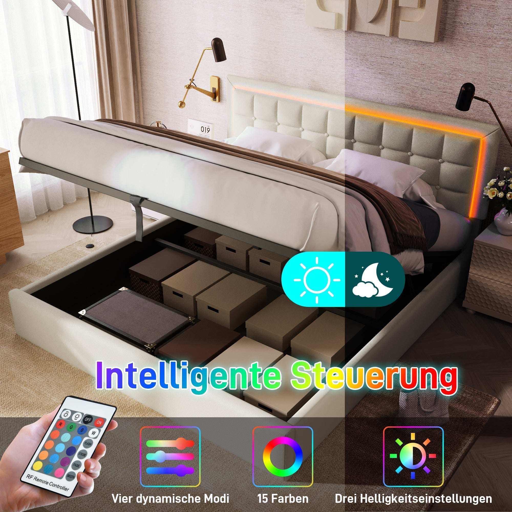 Upholstered Bed, 180x200cm LED Storage Double, White Artificial Leather