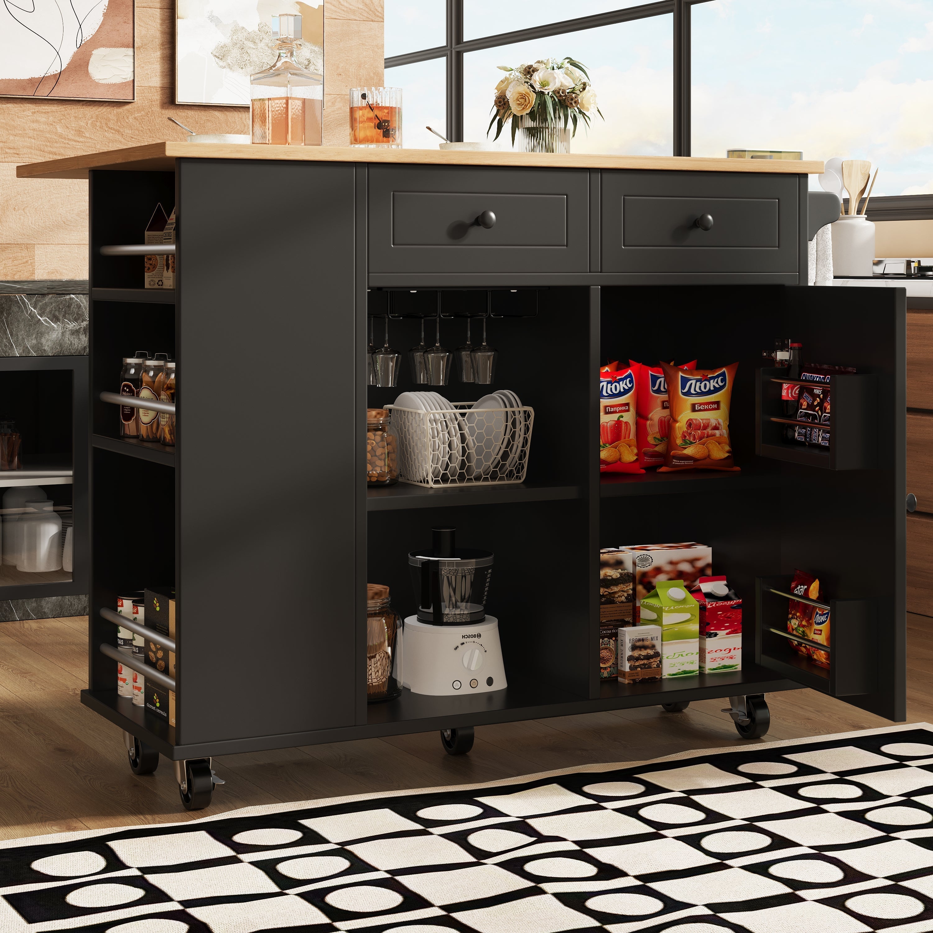 Kitchen Island Mobile Removable Partitions Wine Rack - Black Wood Grain