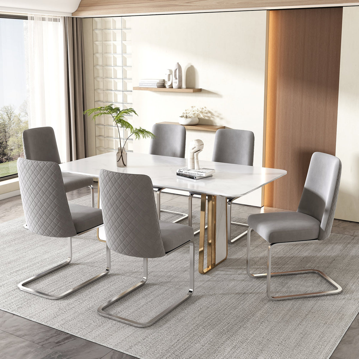 Velvet Dining Chair Set of 2 Diamond Back Silver Legs - Grey