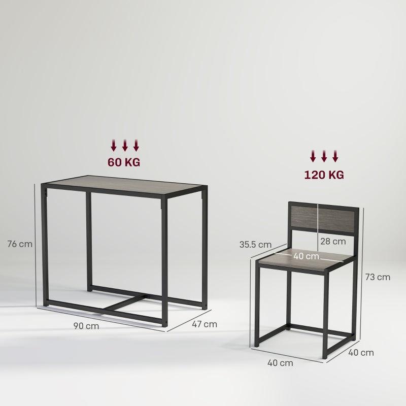 Dining Table and Chairs Set, Rectangular Space Saving Table and 2 Chairs, Steel Frame, Grey