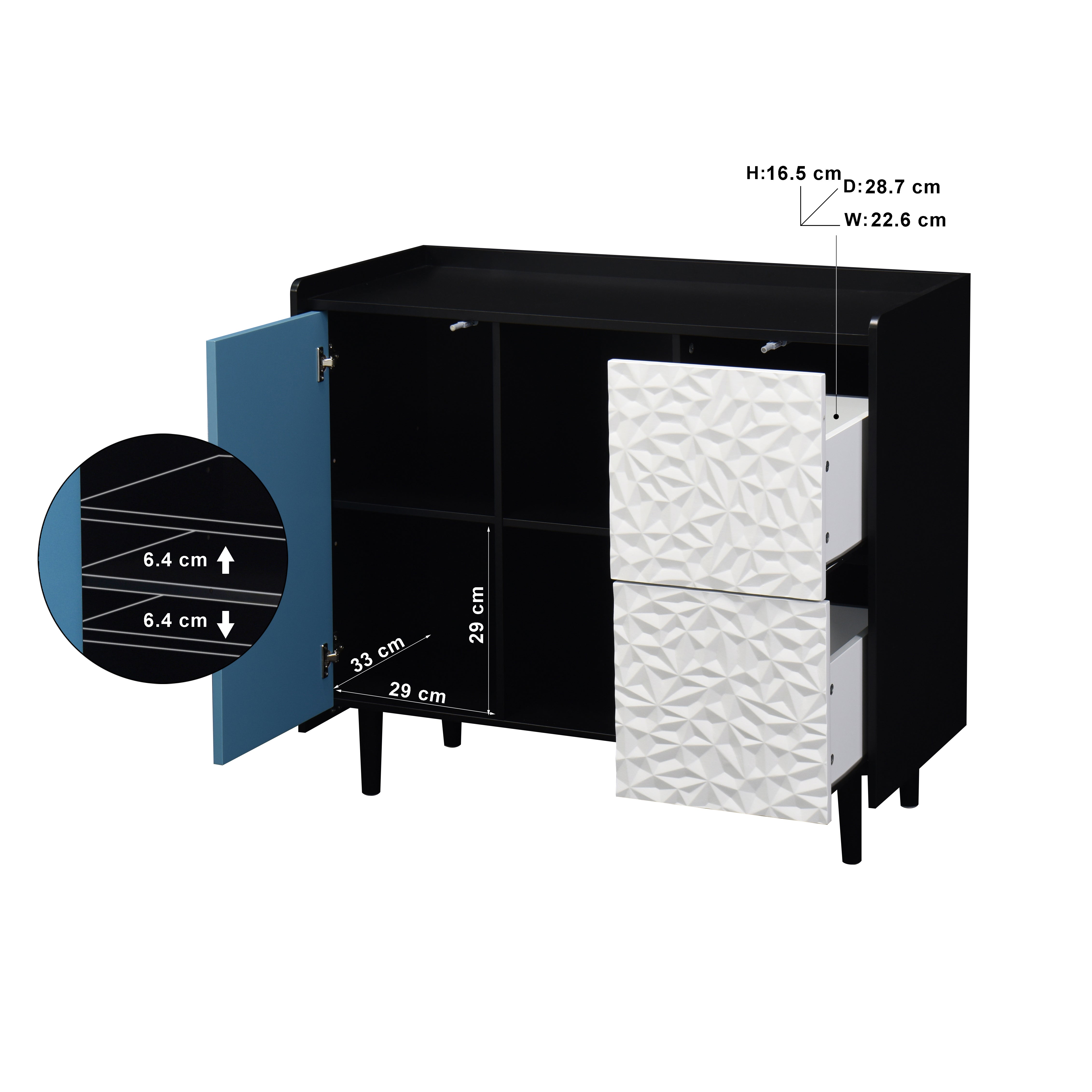 Sideboard Buffet Cabinet 2 Drawers 2 Open Storage - Black/Blue Doors