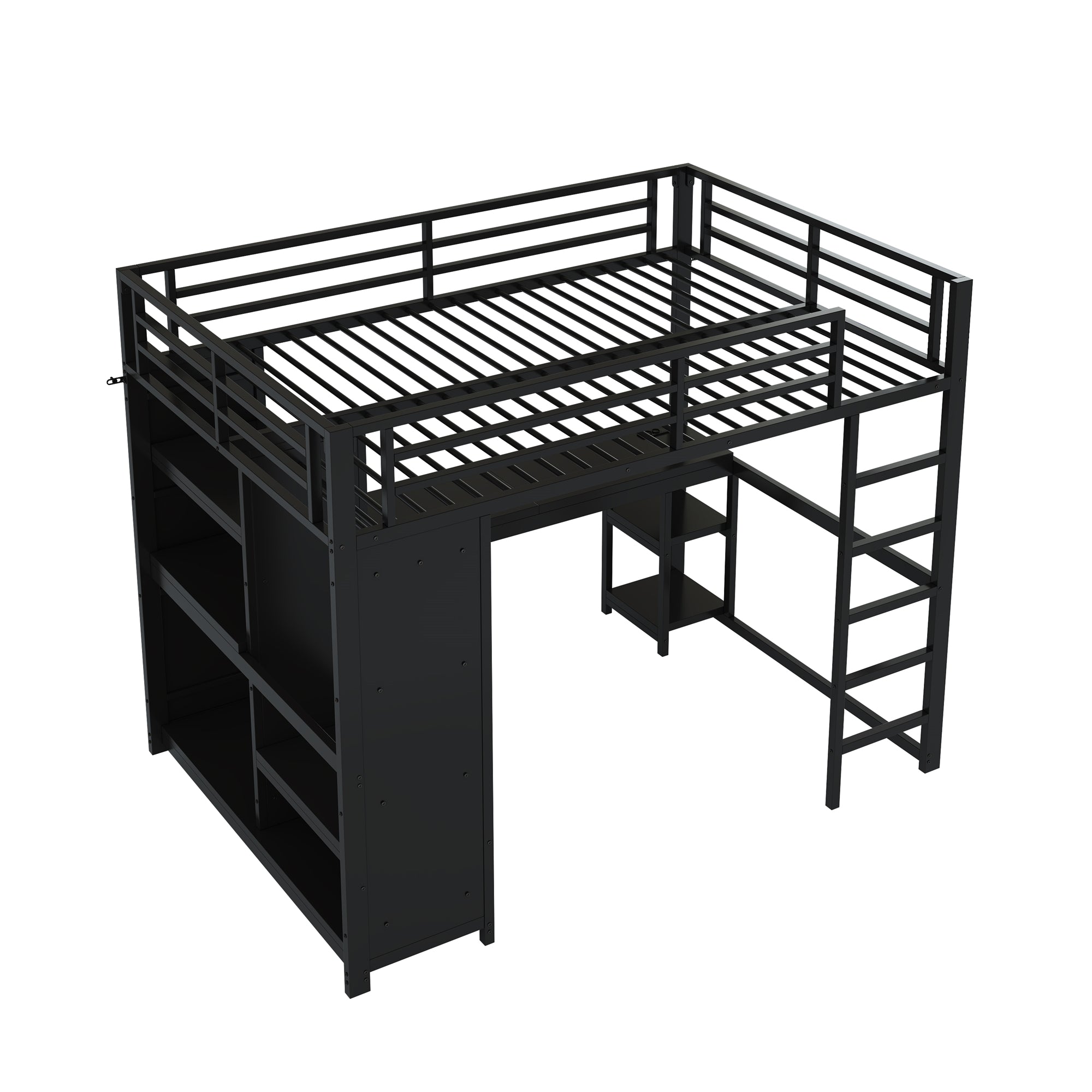 Metal Gaming Loft Bed 140x200 LED Desk Wardrobe Storage - Black