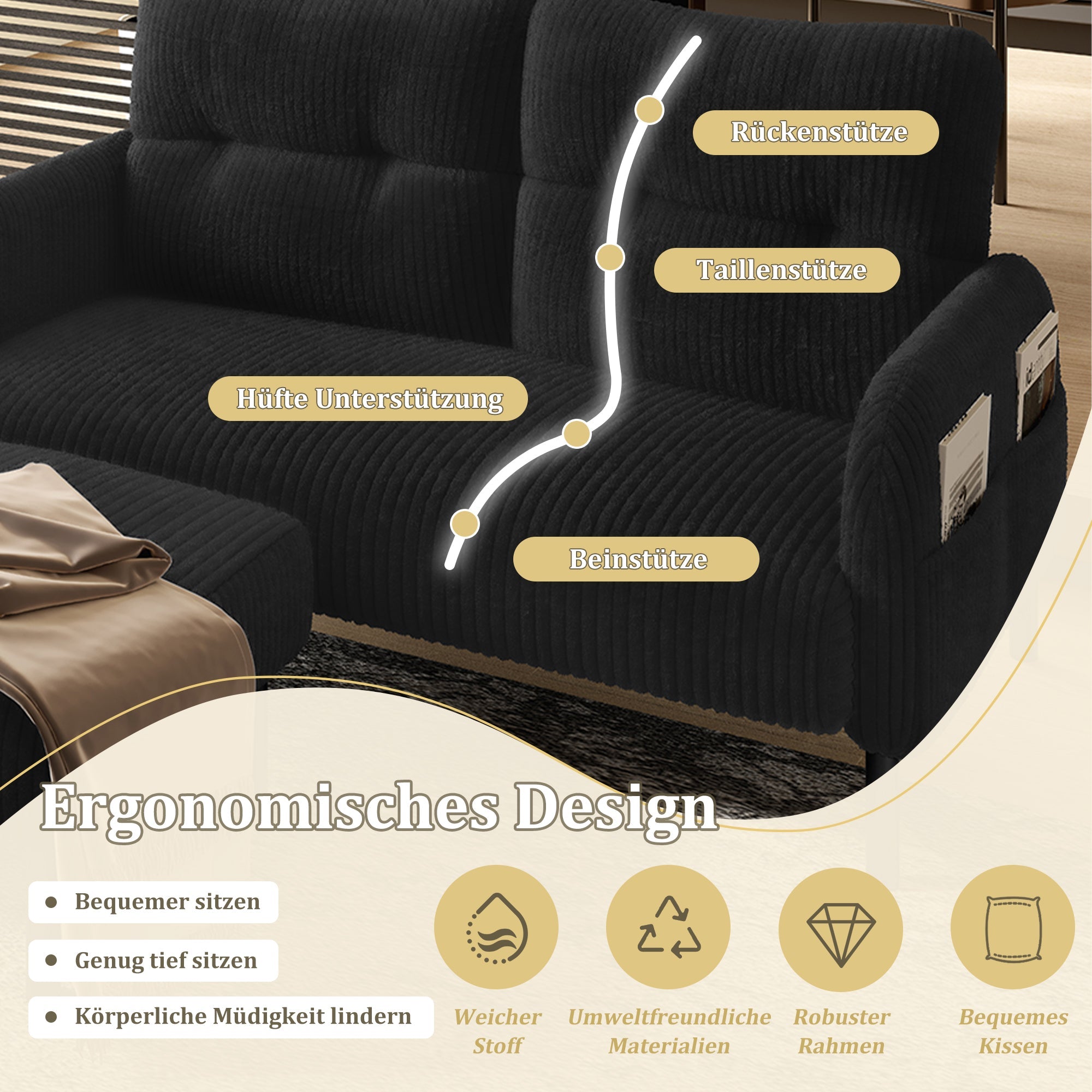 Cord 3-Piece Modular Sofa Set, Deep Seat Comfort Side Pocket, Black
