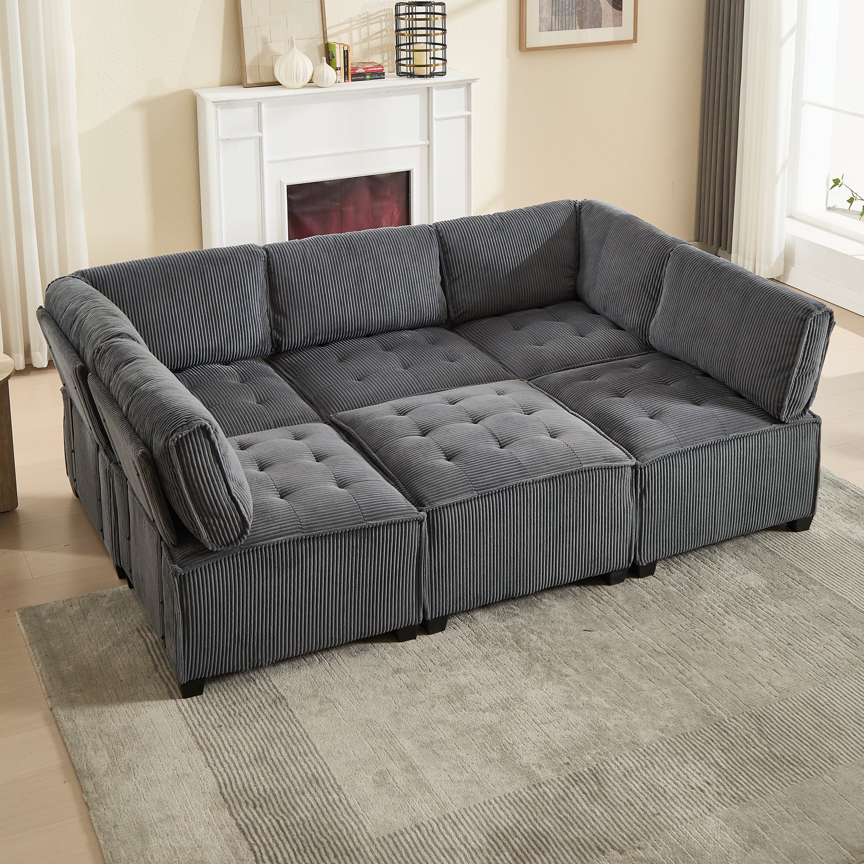 Modular Sofa 6-Seater Convertible U/L-Shape Sleeper Storage Pockets Corduroy Grey