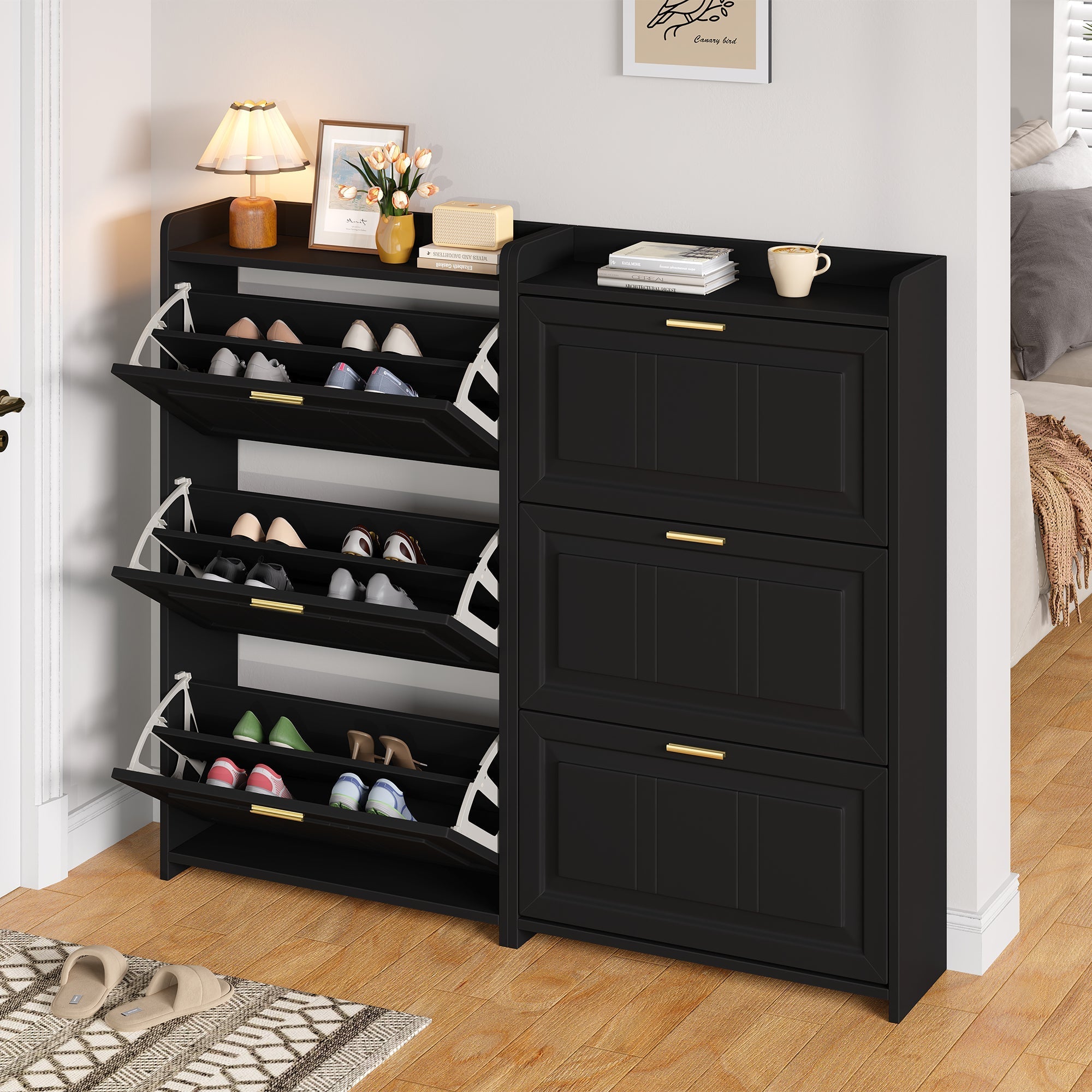 Shoe Cabinet Set with 6 Compartments and 2-Piece Design, Black MDF and Chipboard
