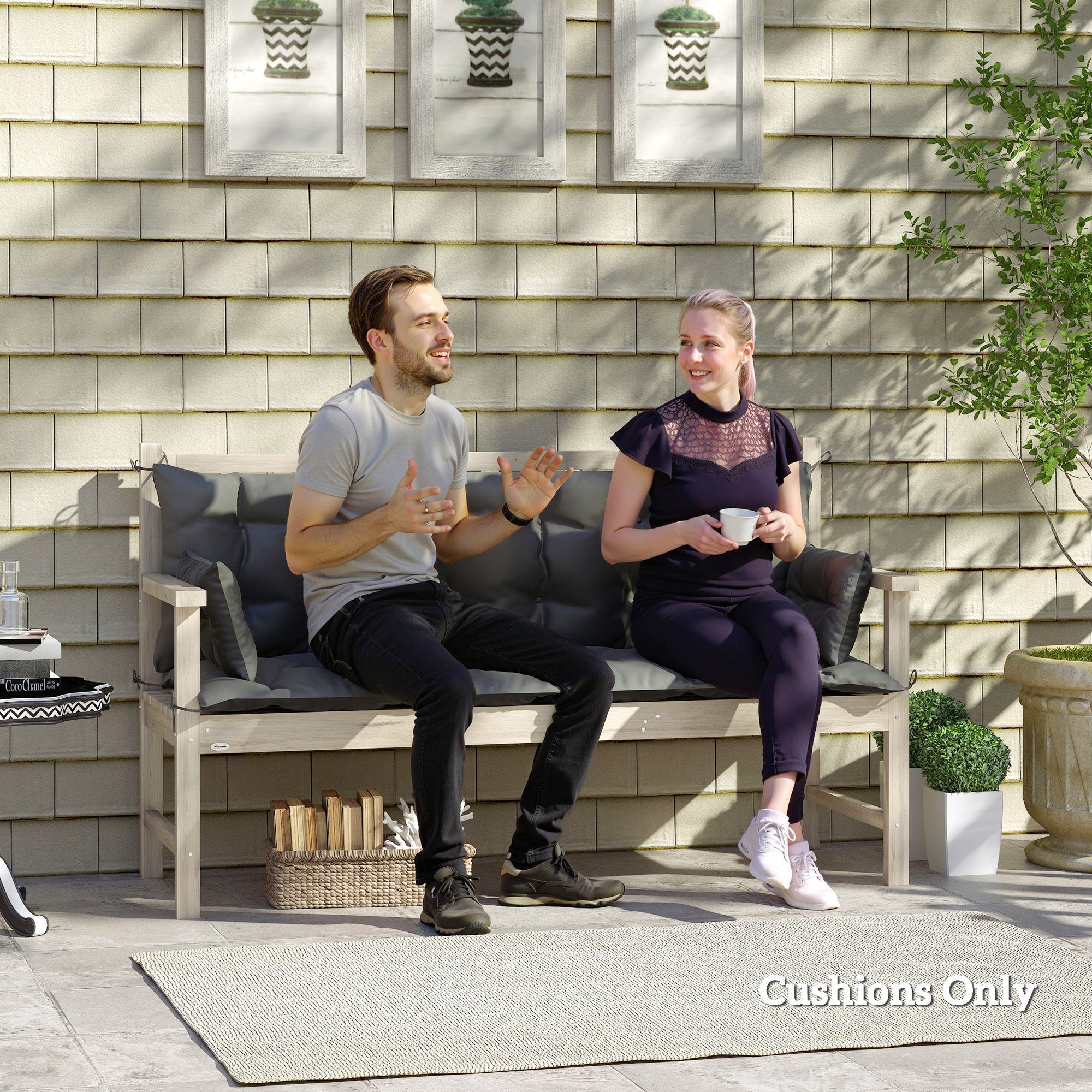 3-Seater Bench Cushion, 180x110x8 cm, with Ties, Dark Grey + Black