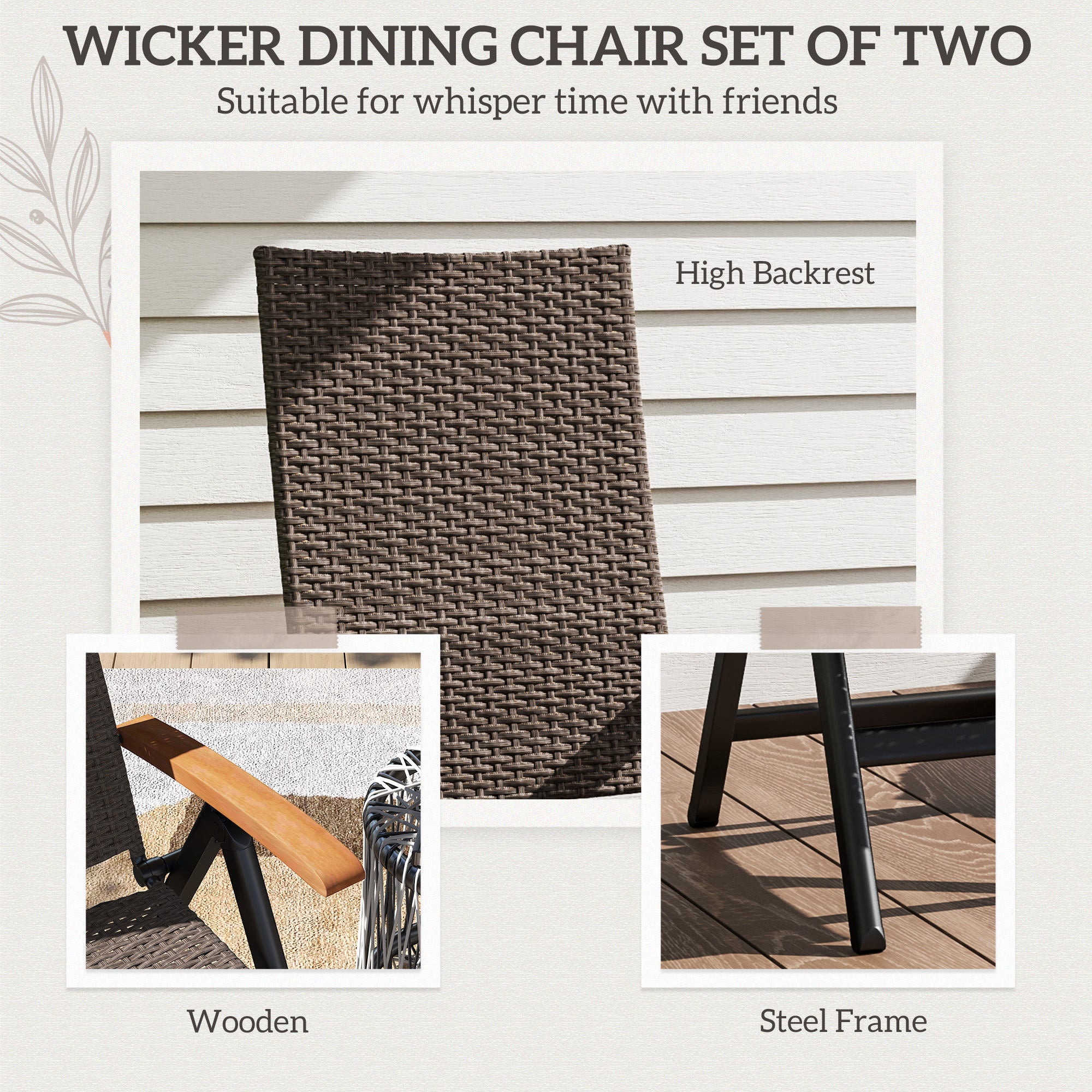 2 Pieces Folding Rattan Garden Dining Chairs 5-Level Reclining High Back Wood Armrests Brown