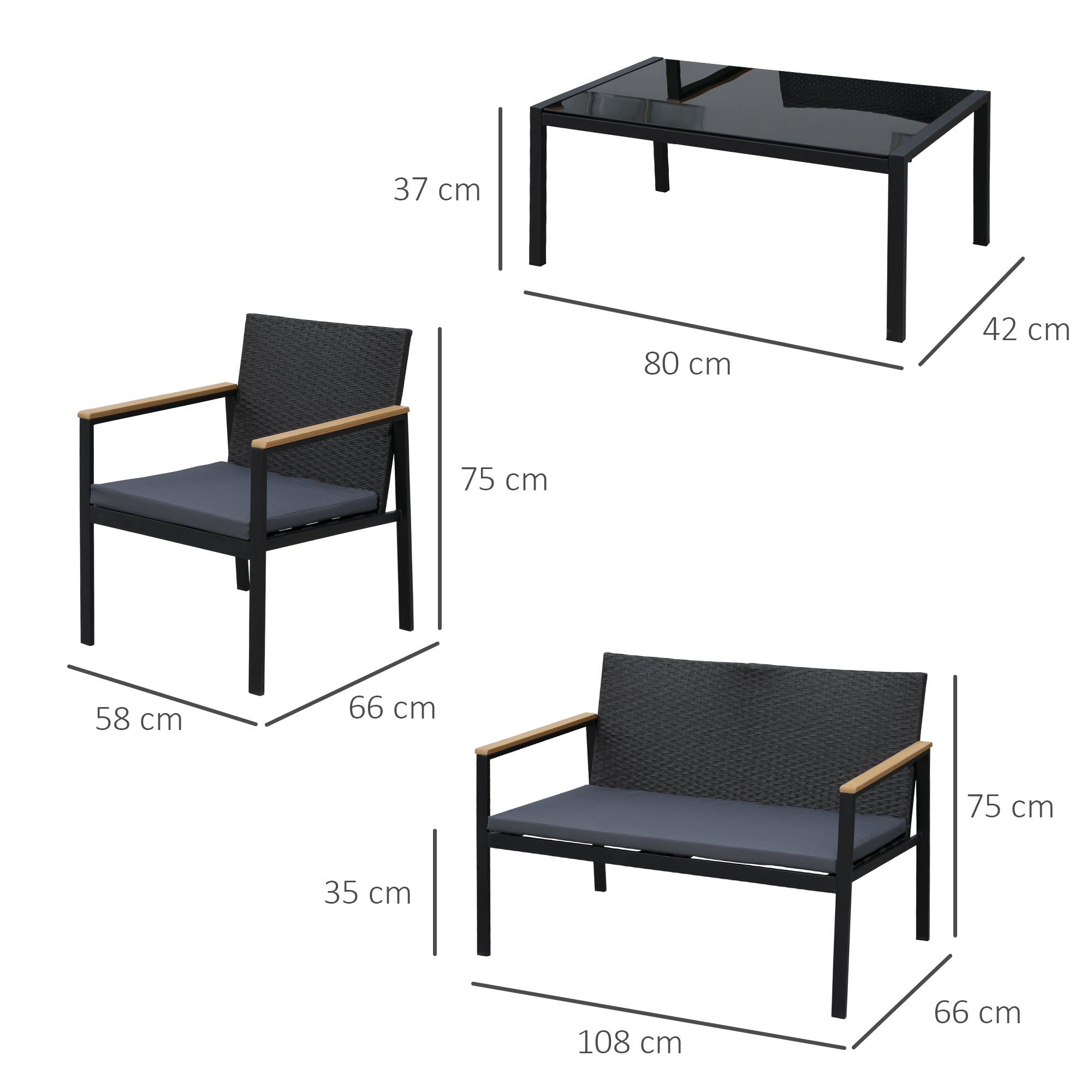 4 Piece Rattan Garden Furniture Set, 4 Seater Sofa Loveseat Armchairs Glass Table, Black