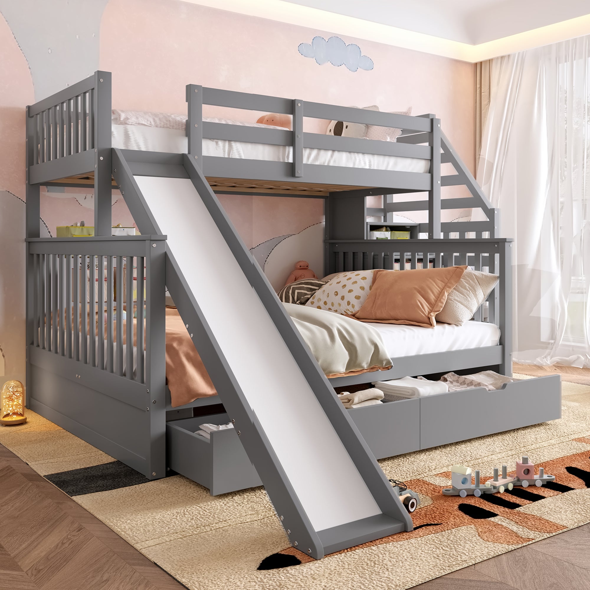 Bunk Bed 90x200 Over 140x200 With Storage Drawers & Slide Grey